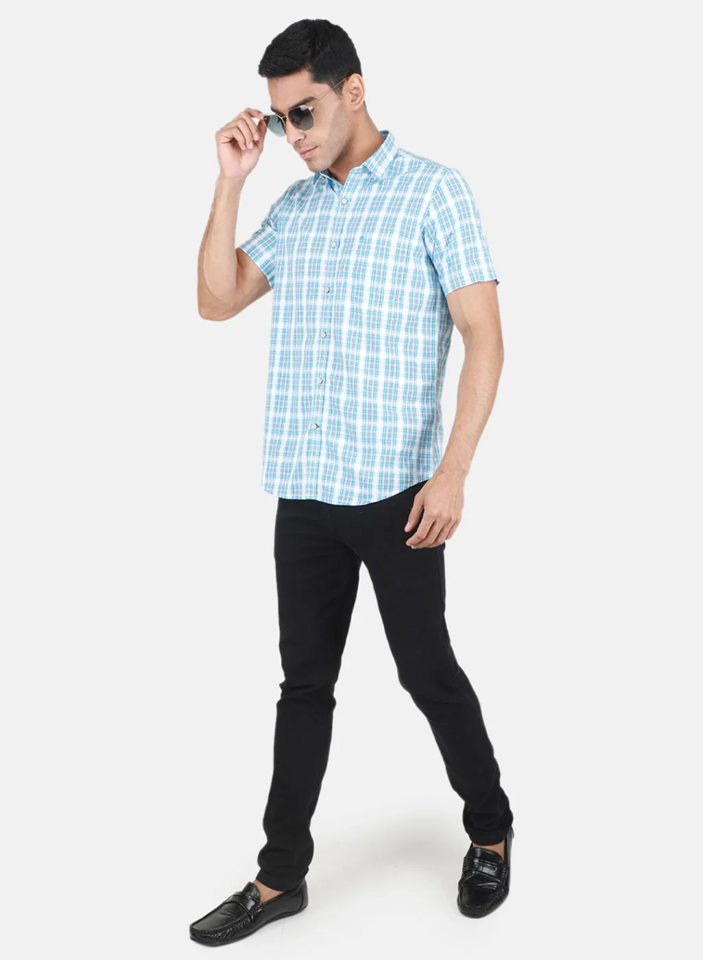 Men Blue Check Shirt - Image 4