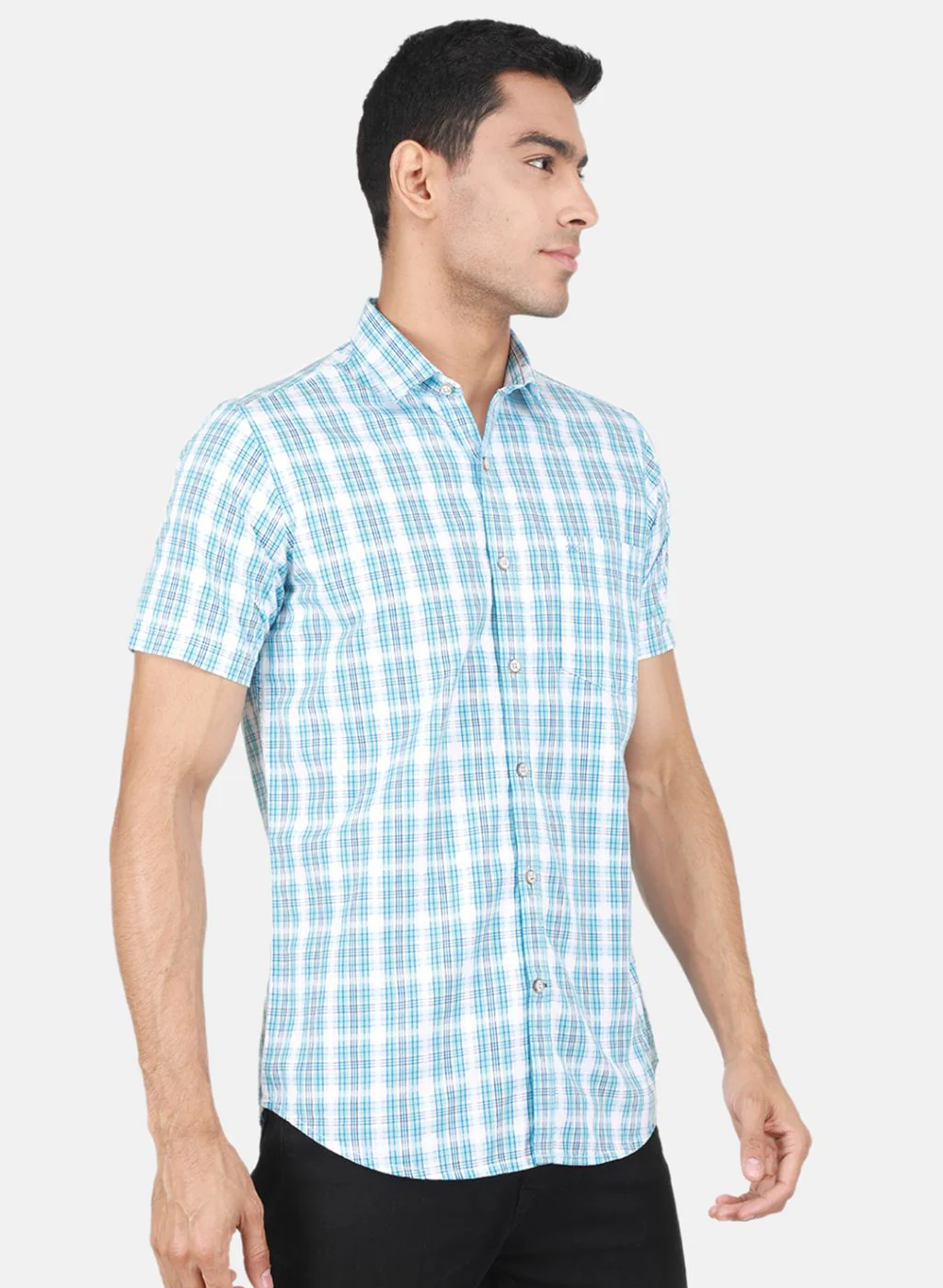 Men Blue Check Shirt - Image 6