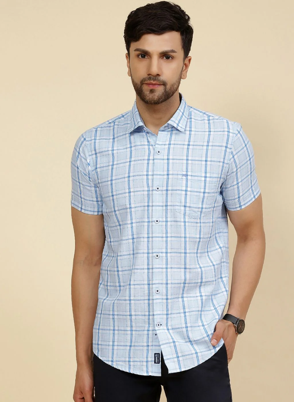 Men Blue Check Shirt - Image 2