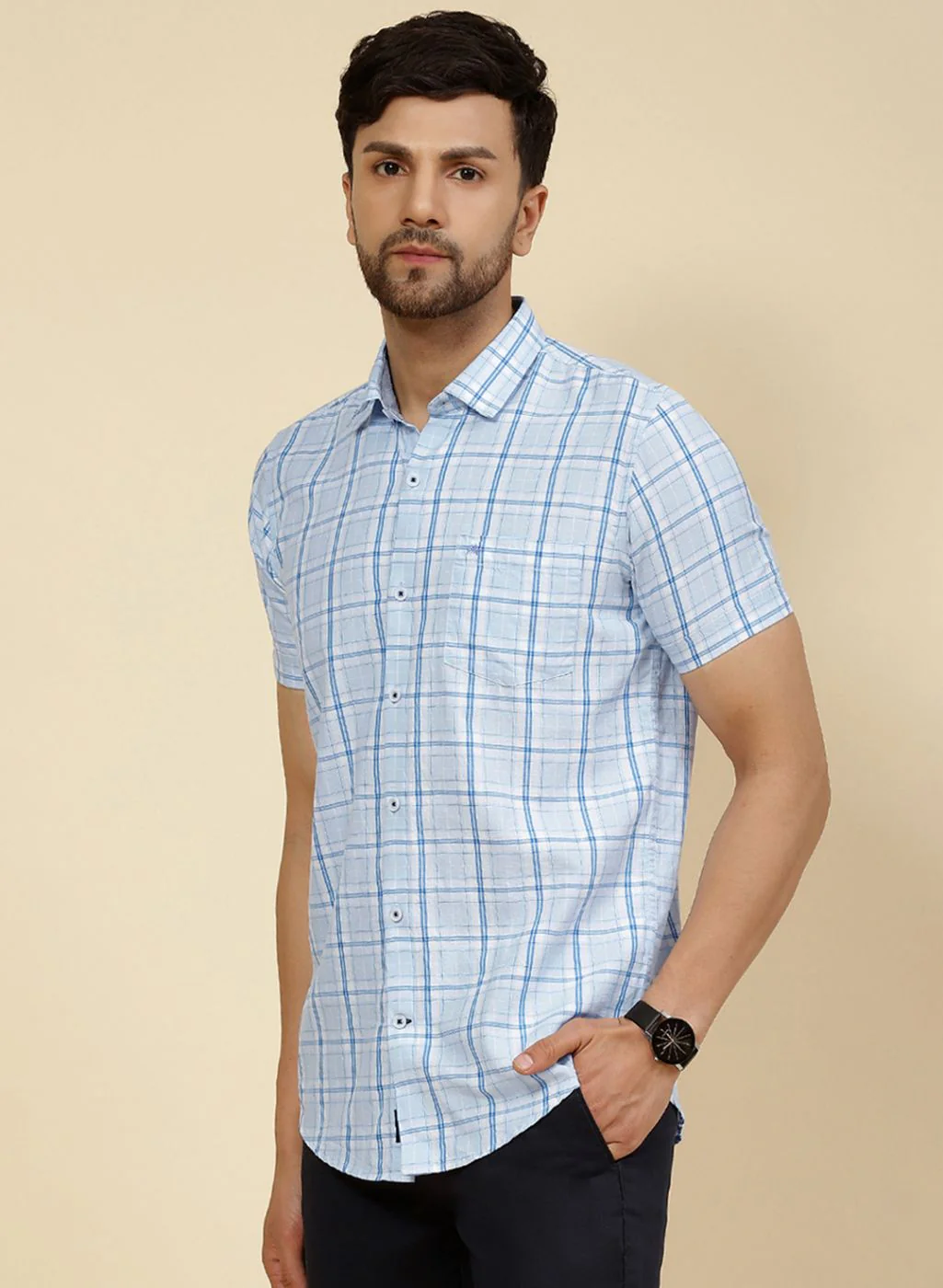 Men Blue Check Shirt - Image 3
