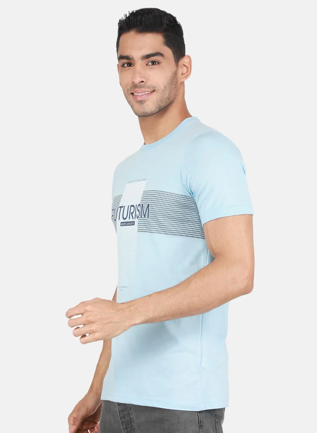 Men Blue & Grey Solid T-Shirt - Image 3