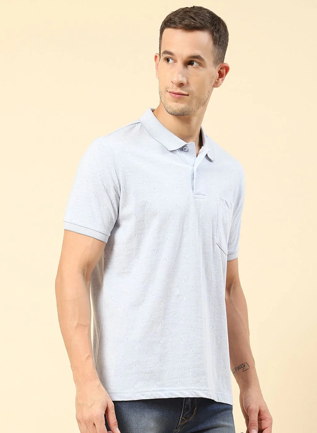 Men Blue Jaquard T-Shirt - Image 4