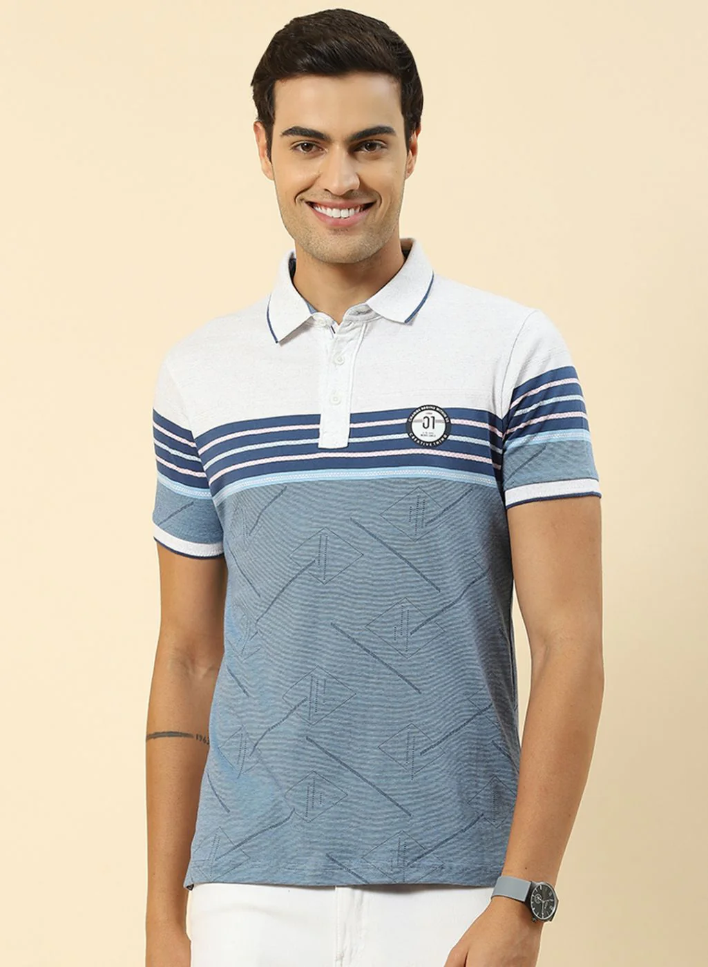 Men Blue Jaquard T-Shirt - Image 2
