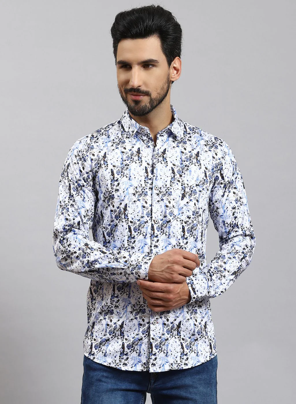 Men Blue Printed Pure Cotton Shirt - Image 2