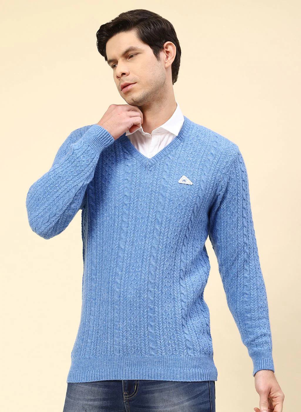 Men Blue Self Design Lamb wool Pullover - Image 2
