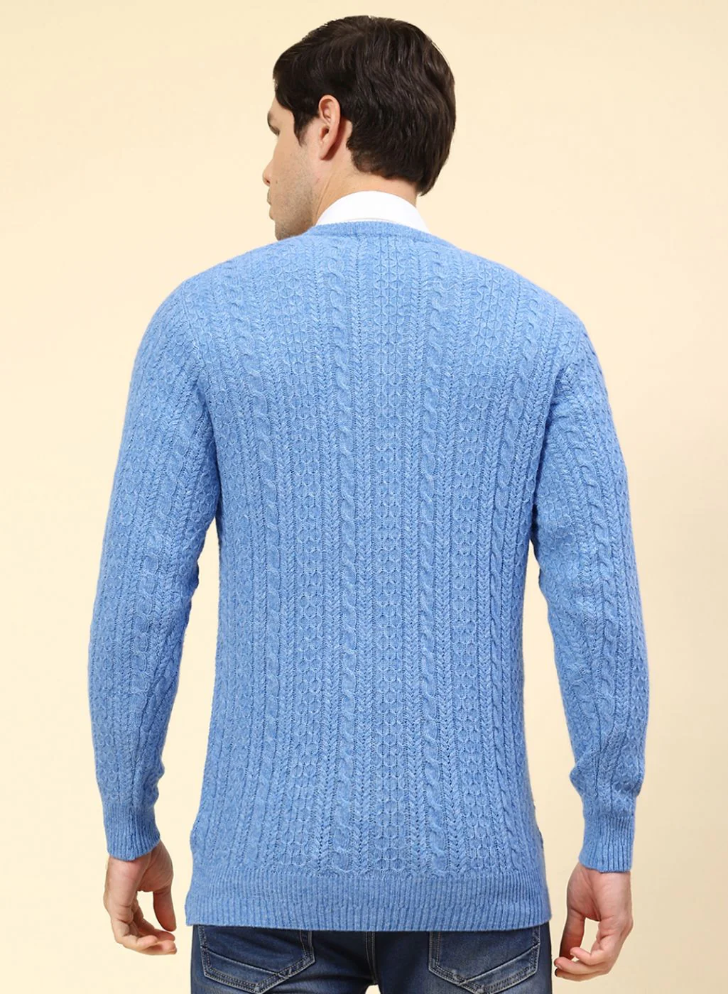 Men Blue Self Design Lamb wool Pullover - Image 5