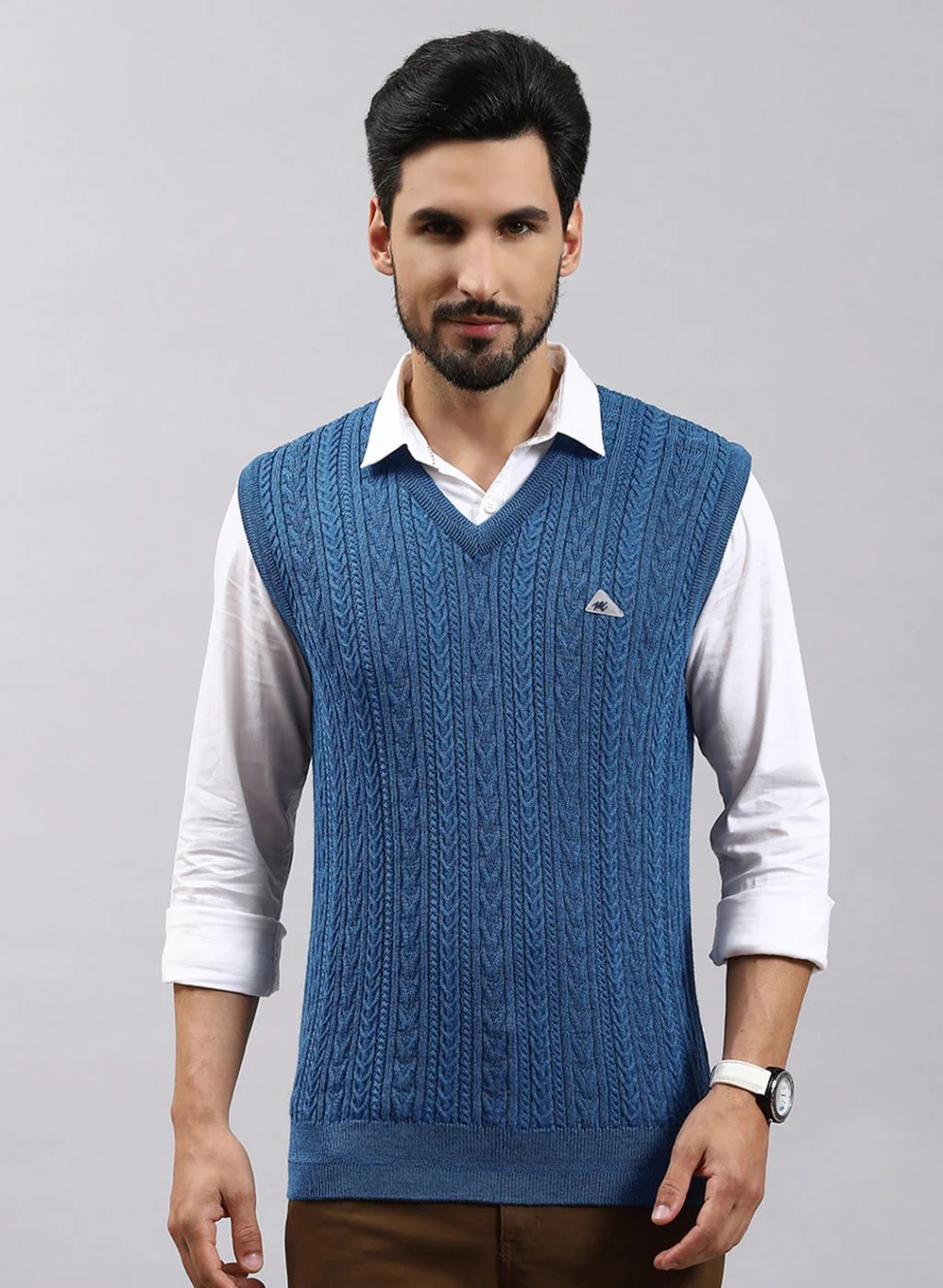 Men Blue Self Design Pure wool Sweater - Image 2