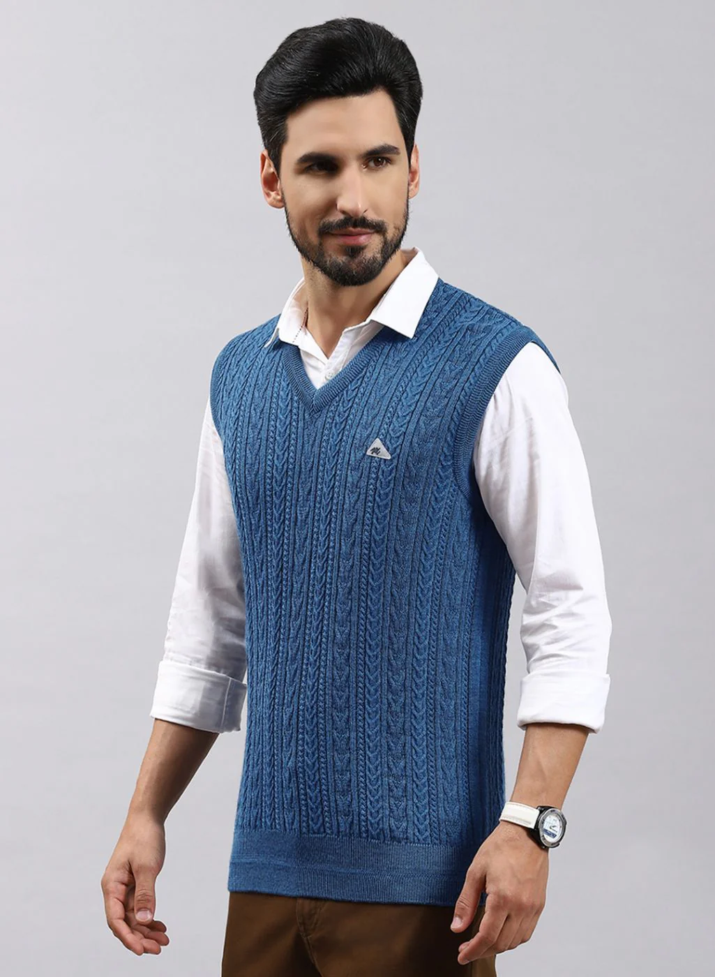 Men Blue Self Design Pure wool Sweater - Image 3