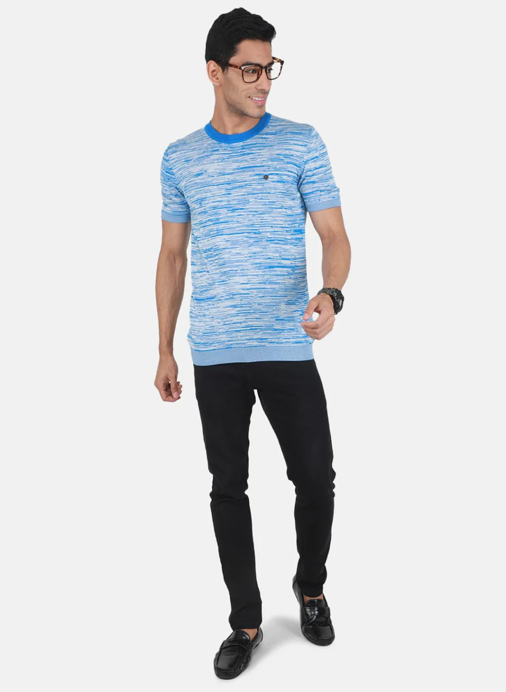 Men Blue Self Design T-Shirt - Image 4
