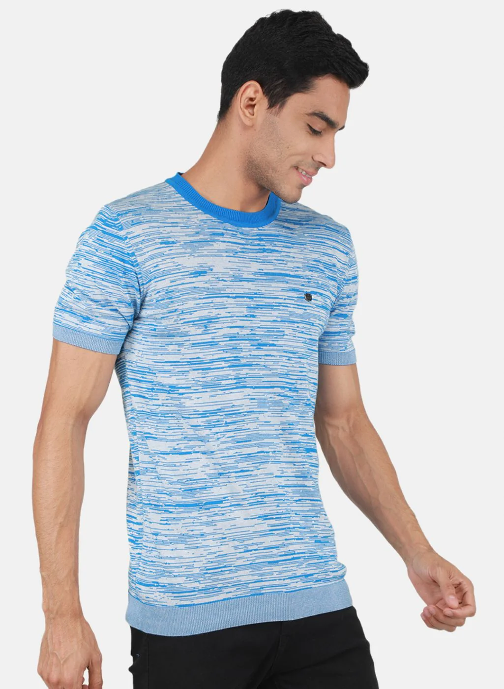 Men Blue Self Design T-Shirt - Image 6