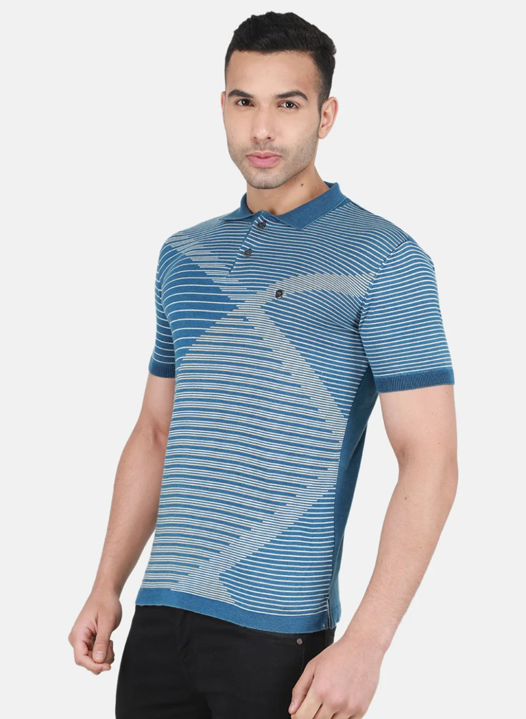 Men Blue Self Design T-Shirt - Image 2