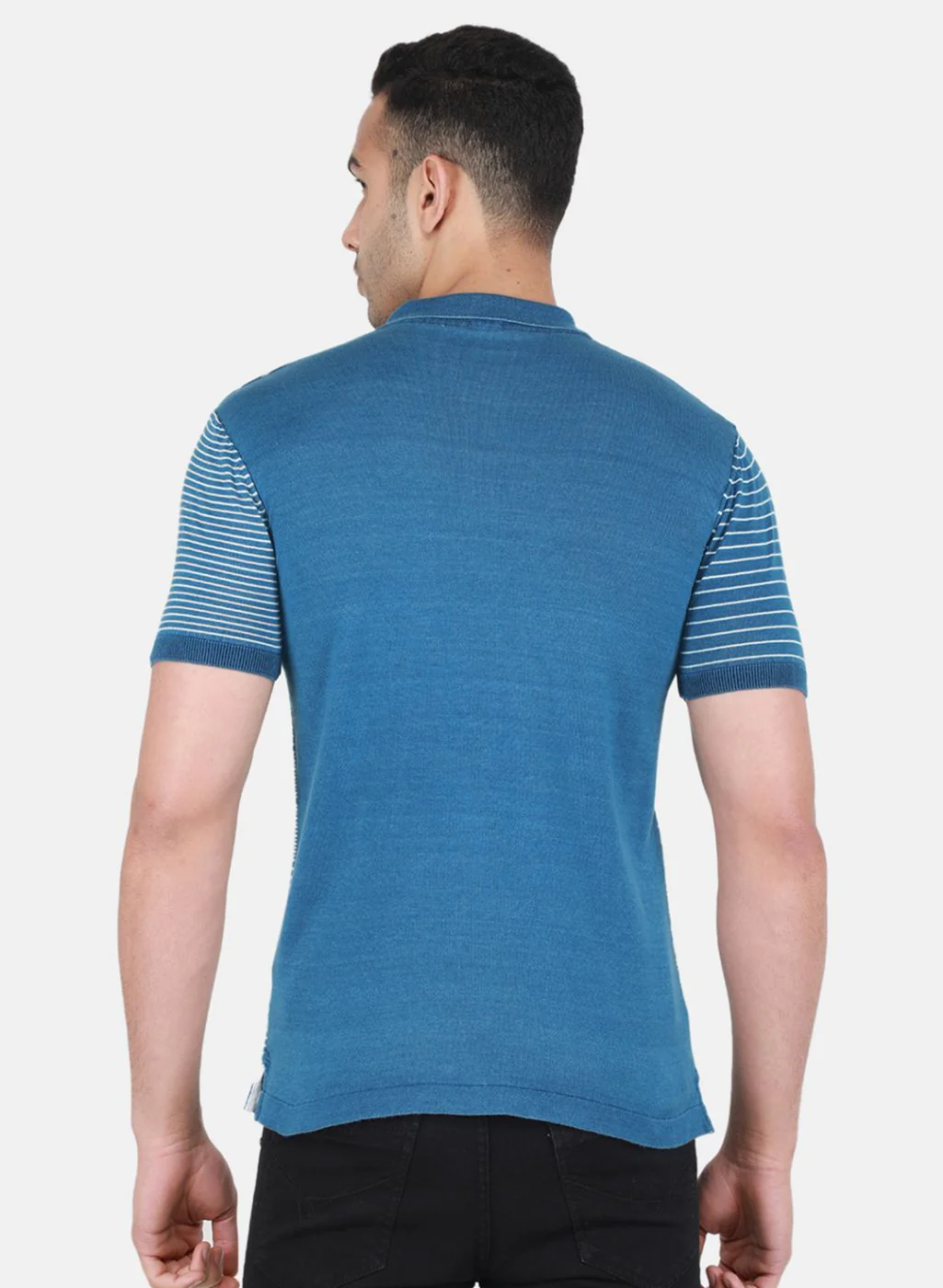 Men Blue Self Design T-Shirt - Image 3