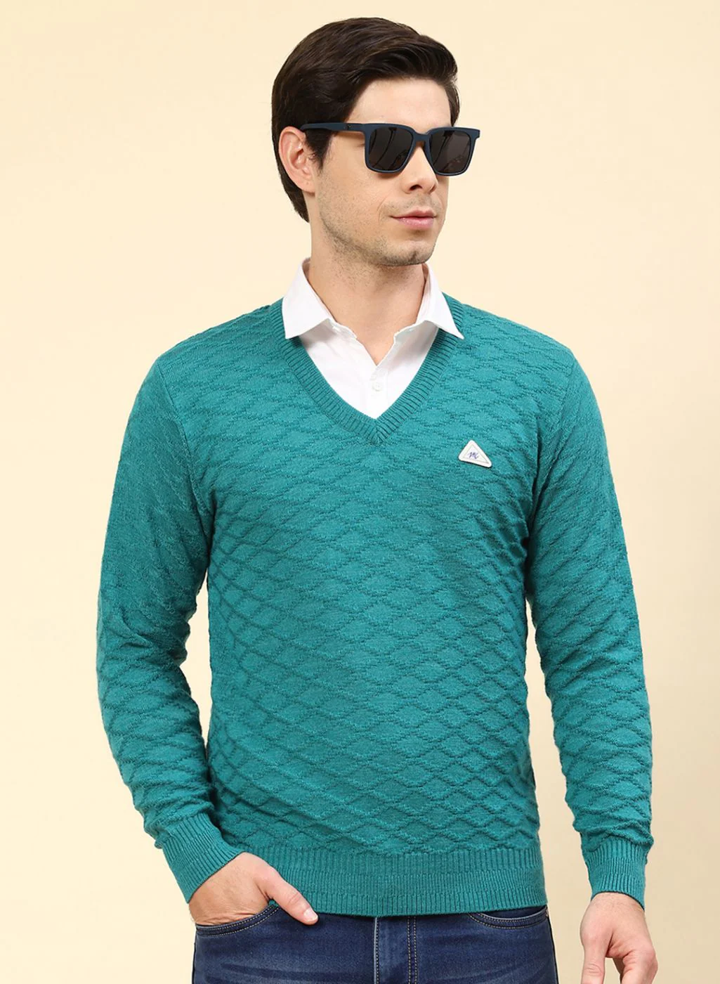 Men Blue Self Design Wool blend Pullover - Image 2