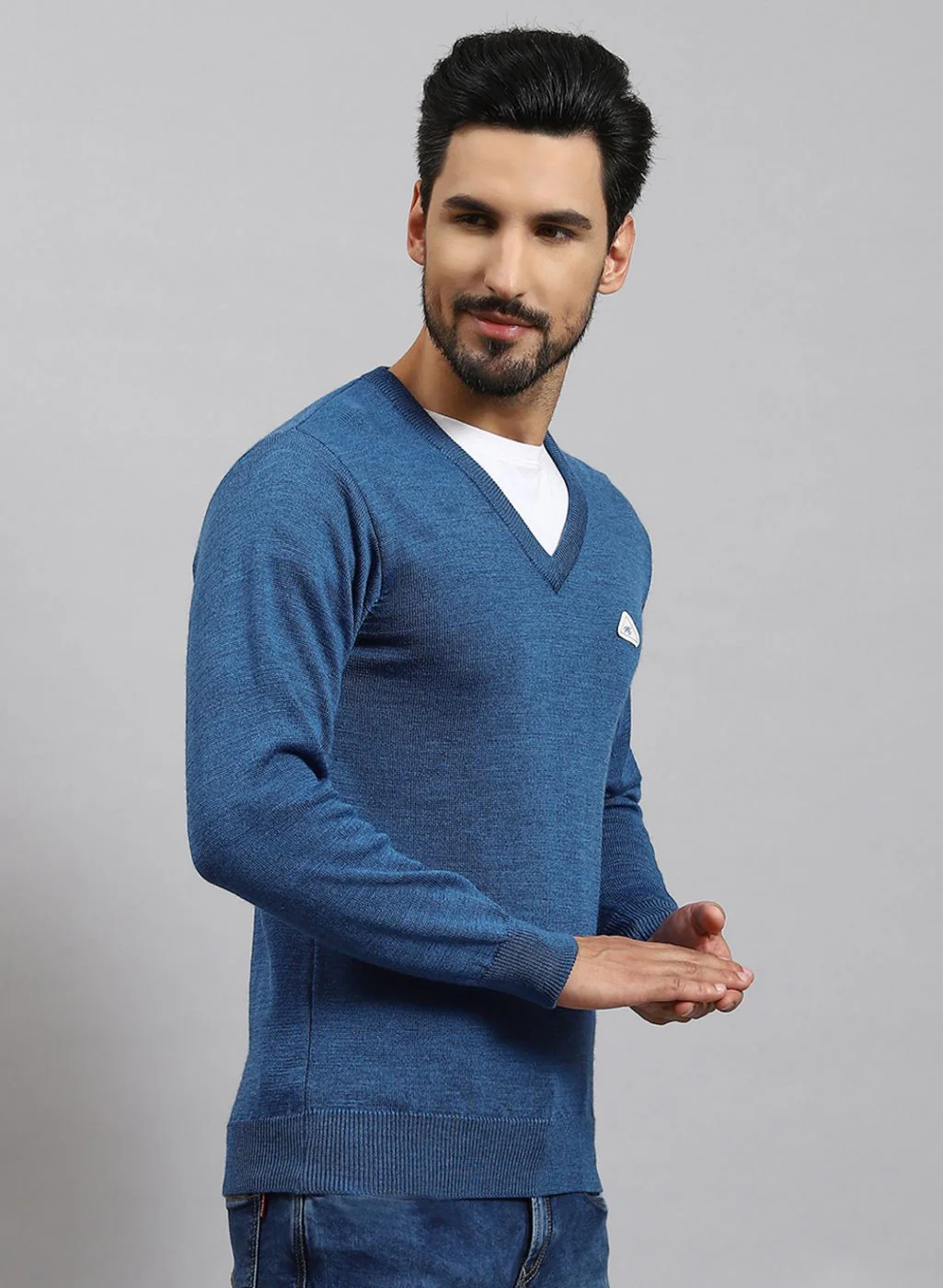 Men Blue Solid Pure wool Pullover - Image 4