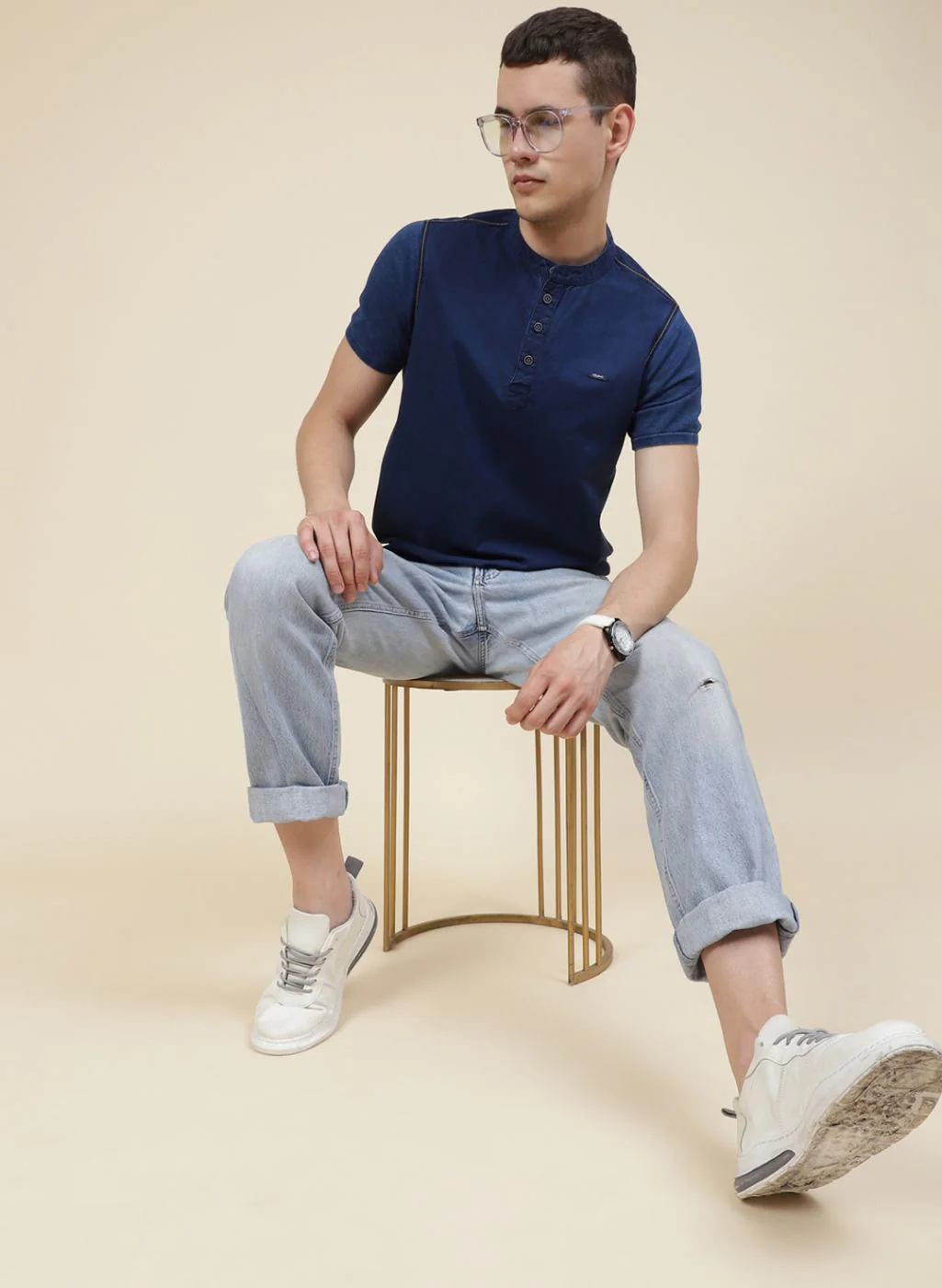 Men Blue Solid T-Shirt - Image 2