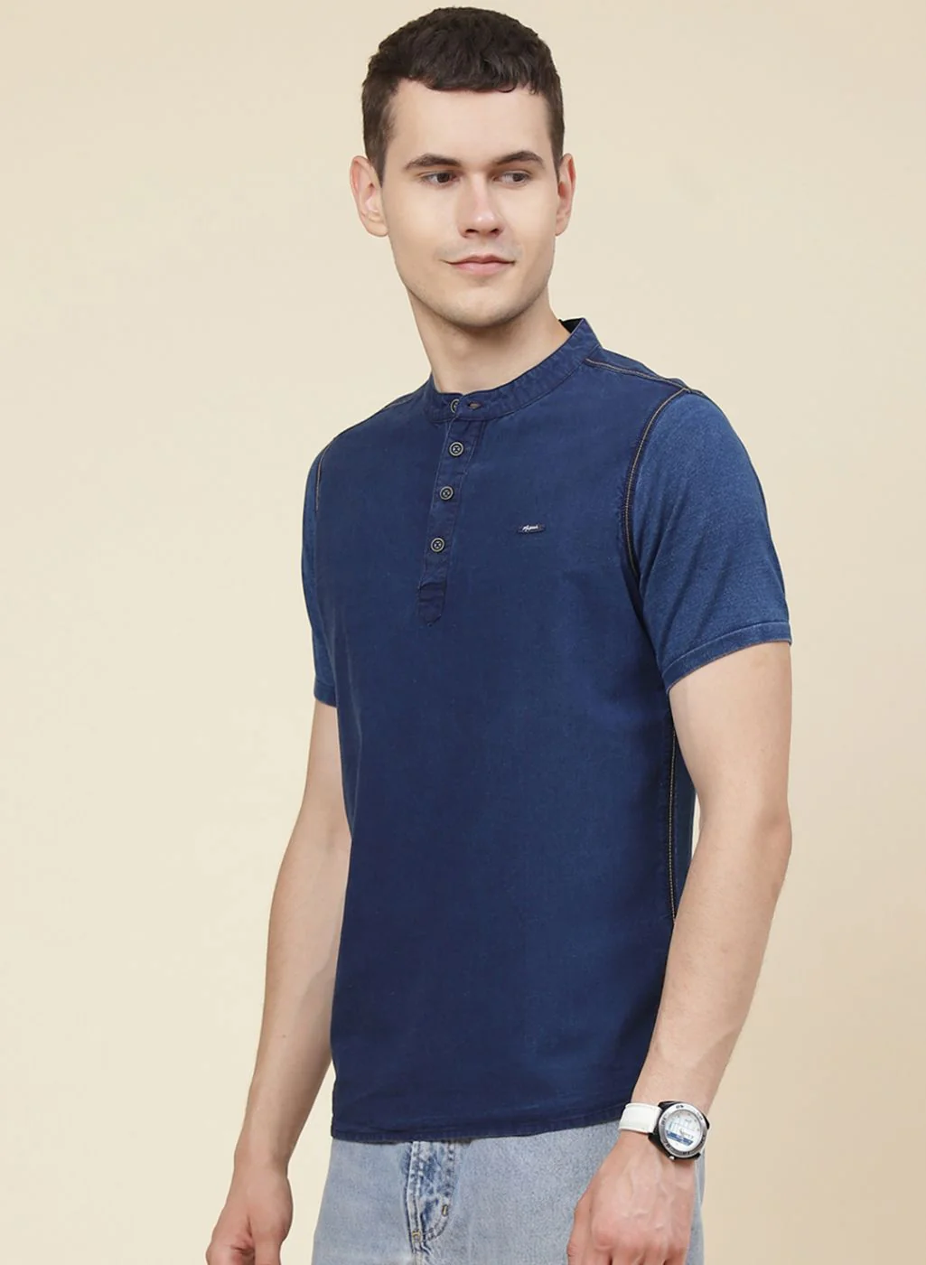 Men Blue Solid T-Shirt - Image 3