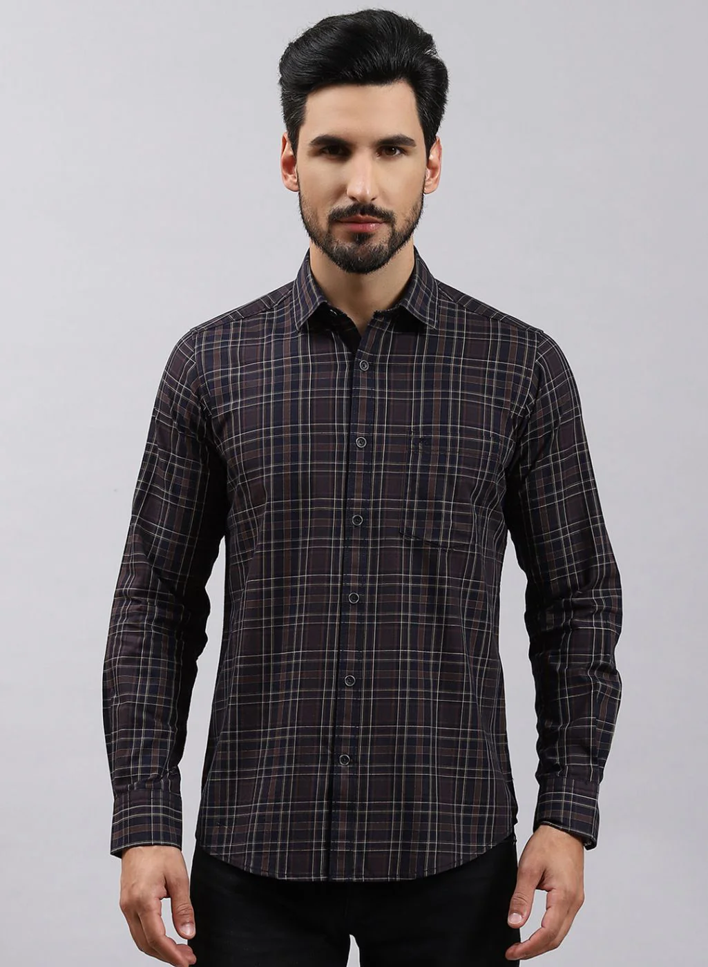 Men Brown Check Pure Cotton Shirt - Image 2