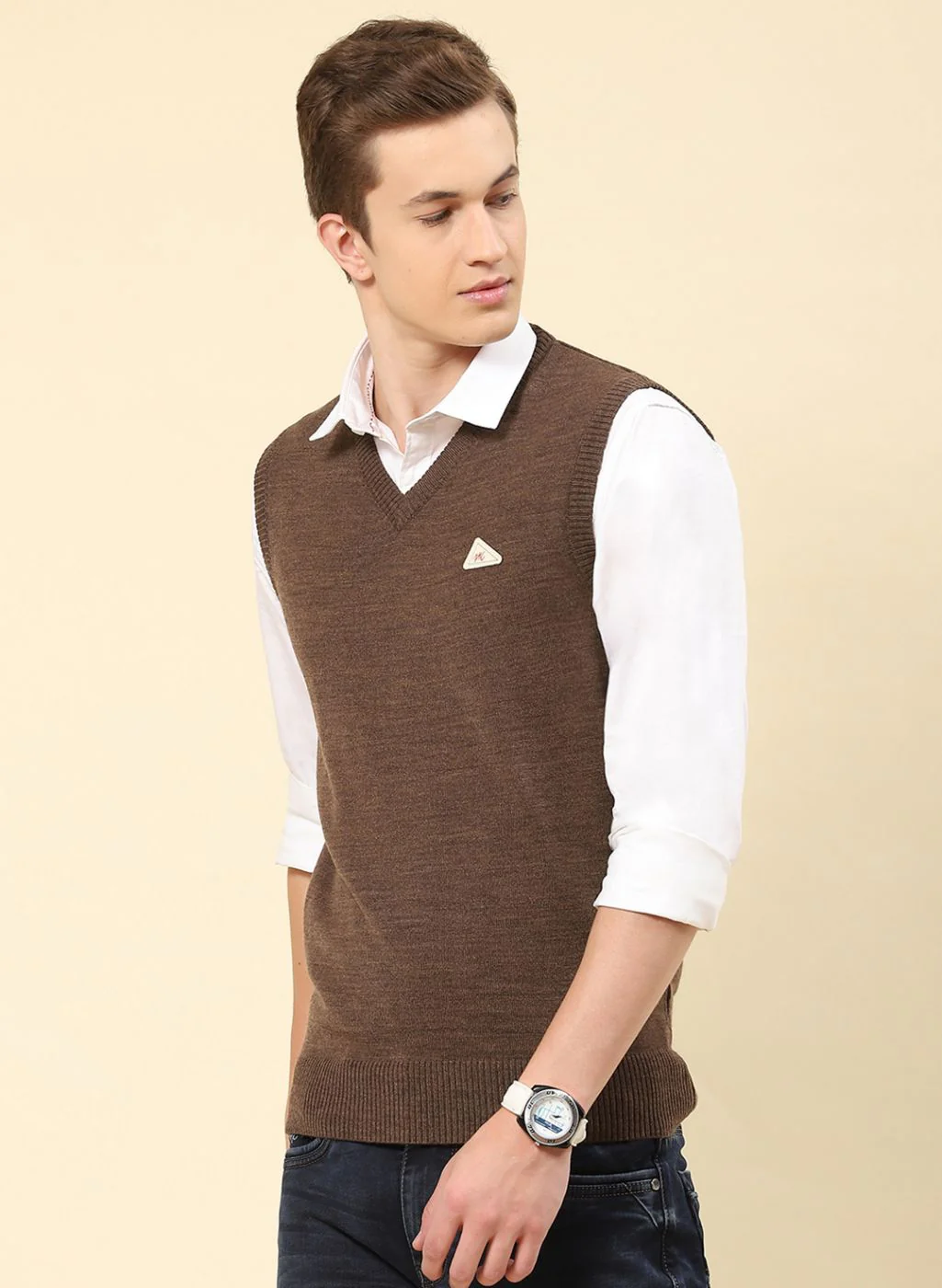 Men Brown Solid Blend wool Sweater - Image 3