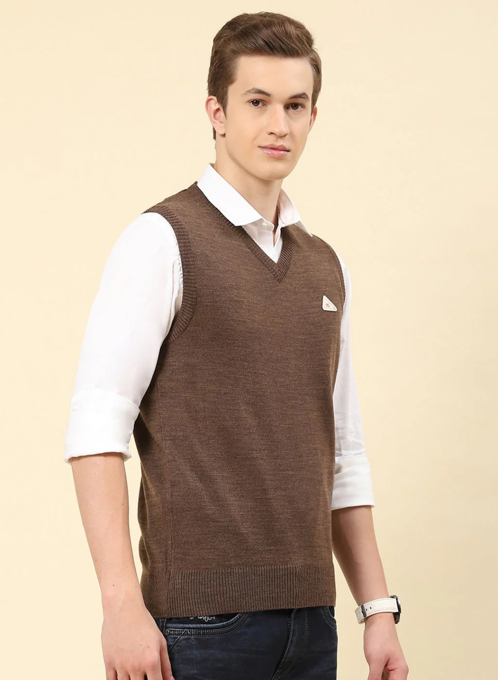 Men Brown Solid Blend wool Sweater - Image 4