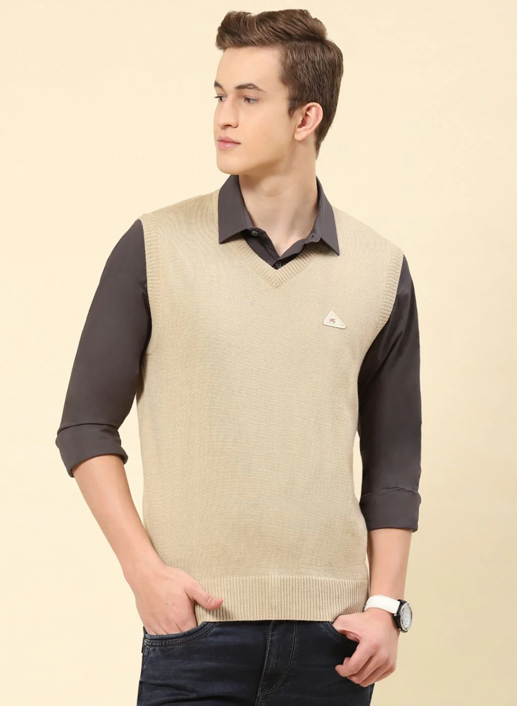 Men Brown Solid Blend wool Sweater - Image 2