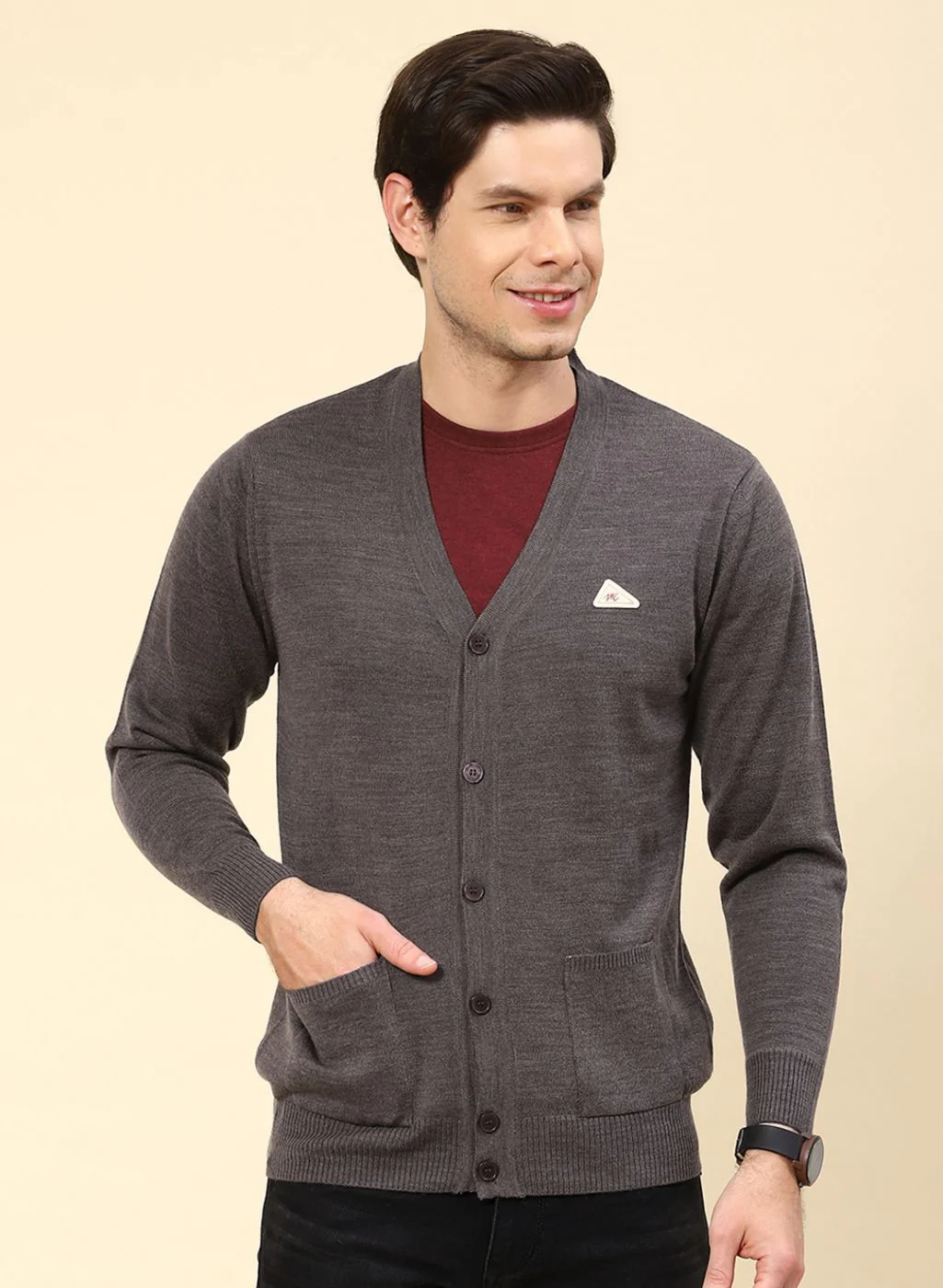 Men Brown Solid Wool blend Cardigan - Image 3