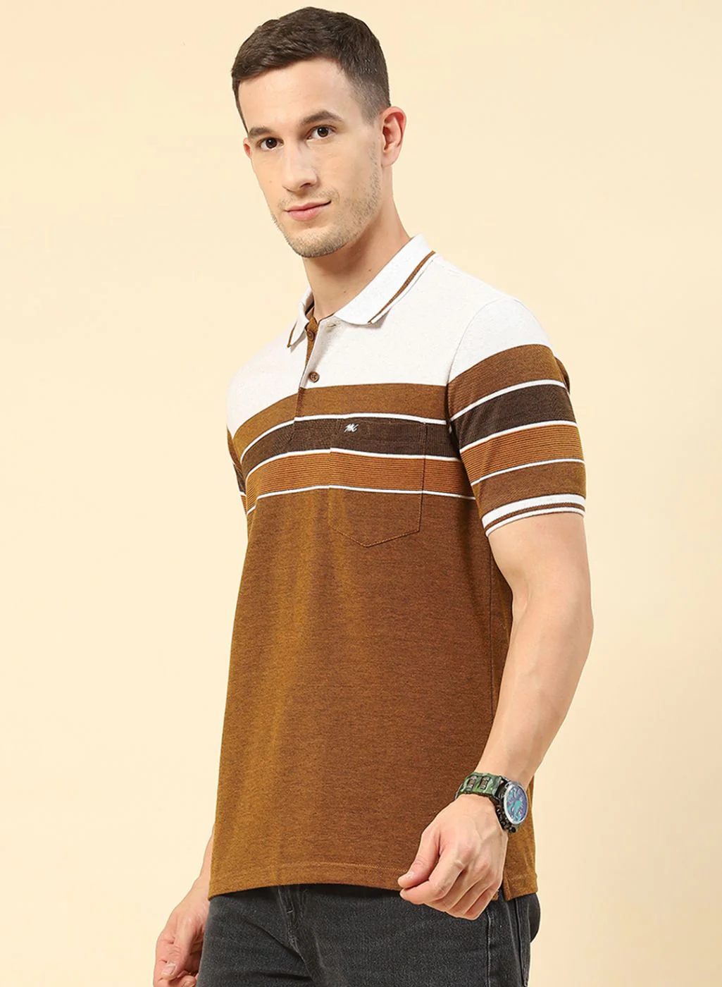 Men Brown Stripe T-Shirt - Image 2