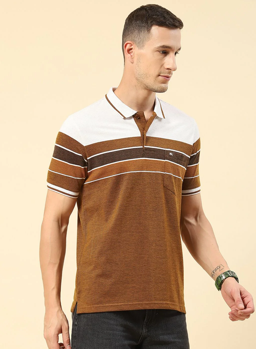 Men Brown Stripe T-Shirt - Image 3