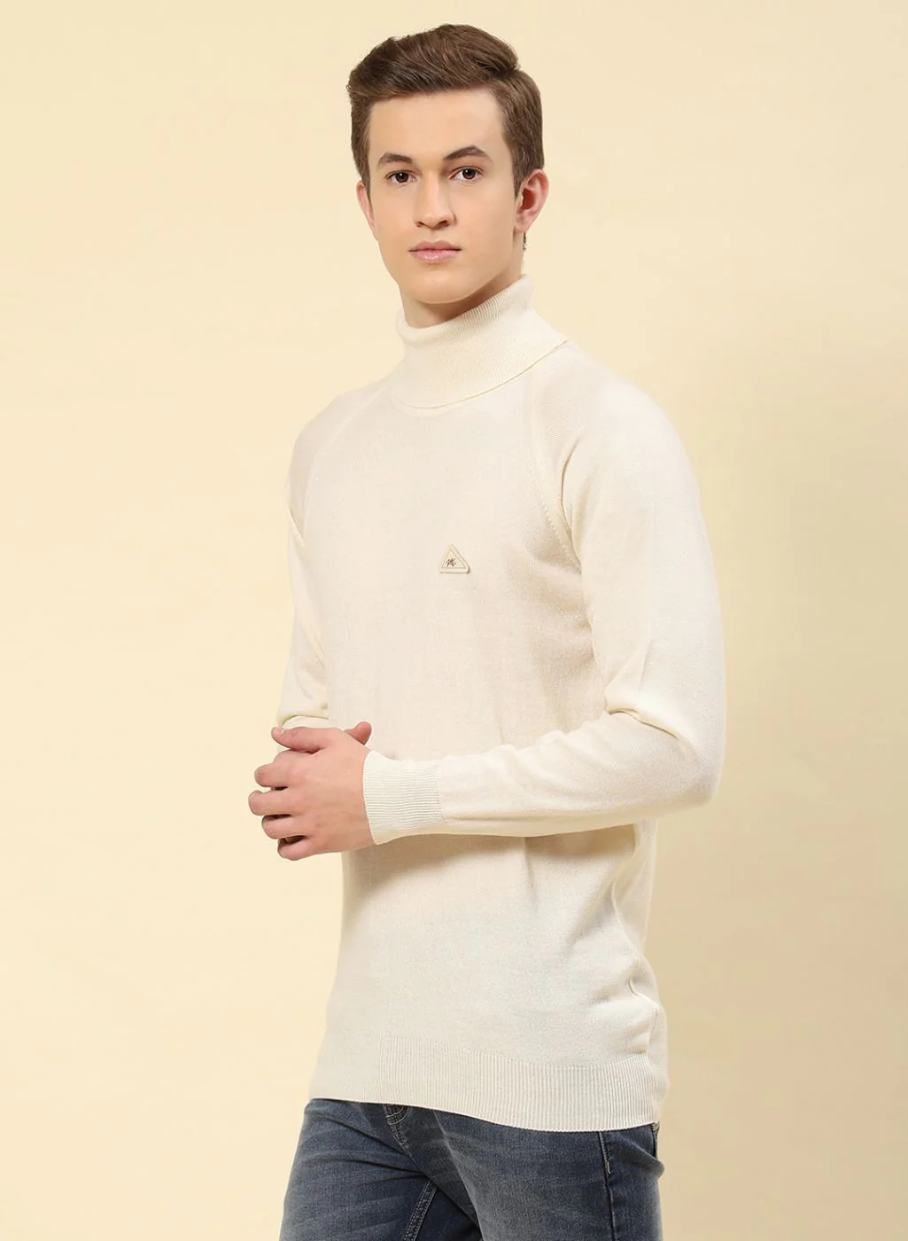 Men Cream Solid Blend wool Pullover - Image 3