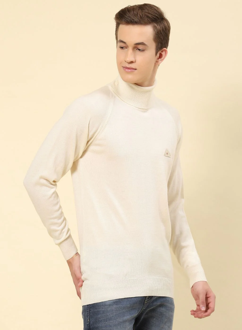 Men Cream Solid Blend wool Pullover - Image 4