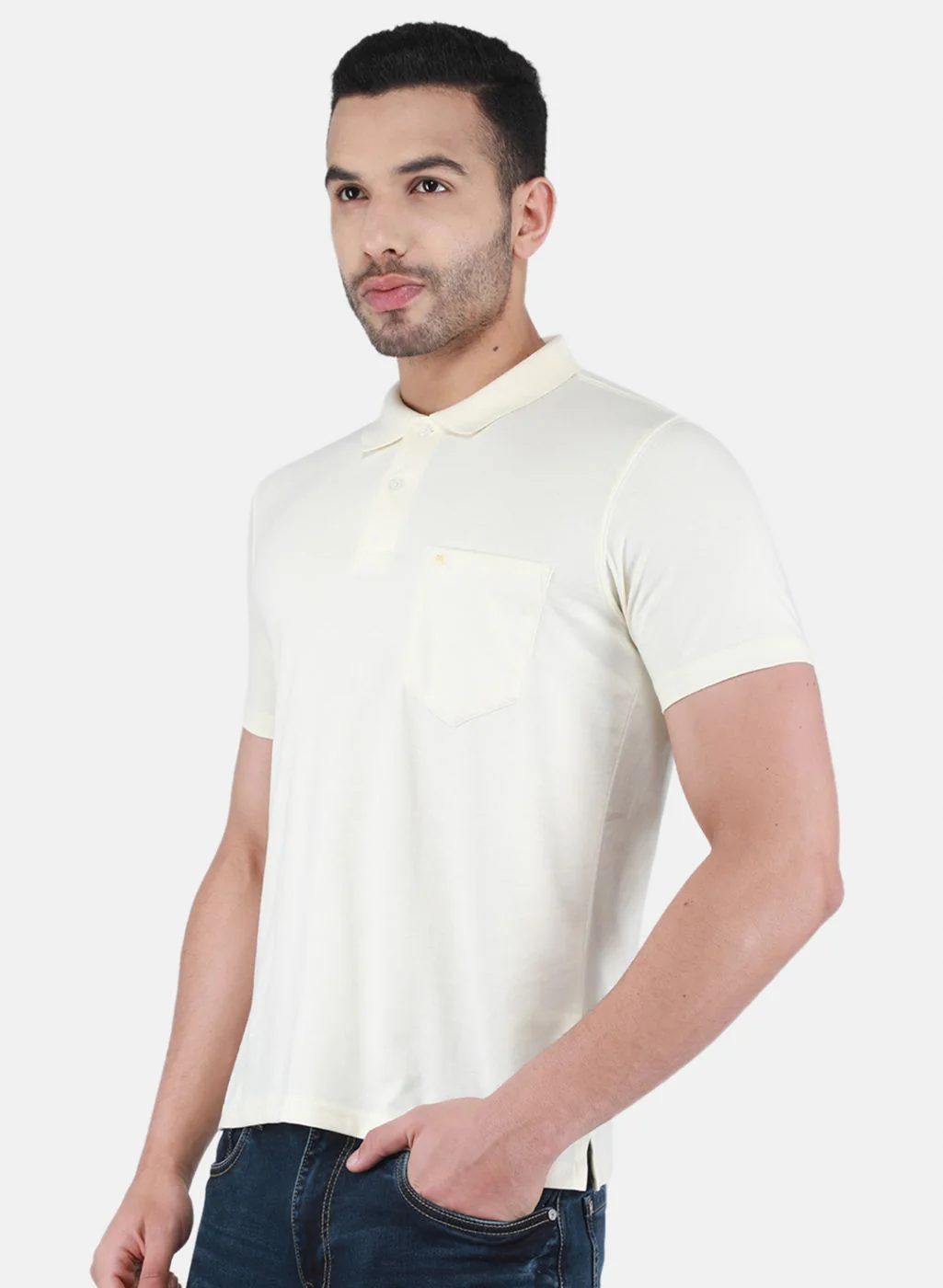 Men Cream Solid T-Shirt - Image 2
