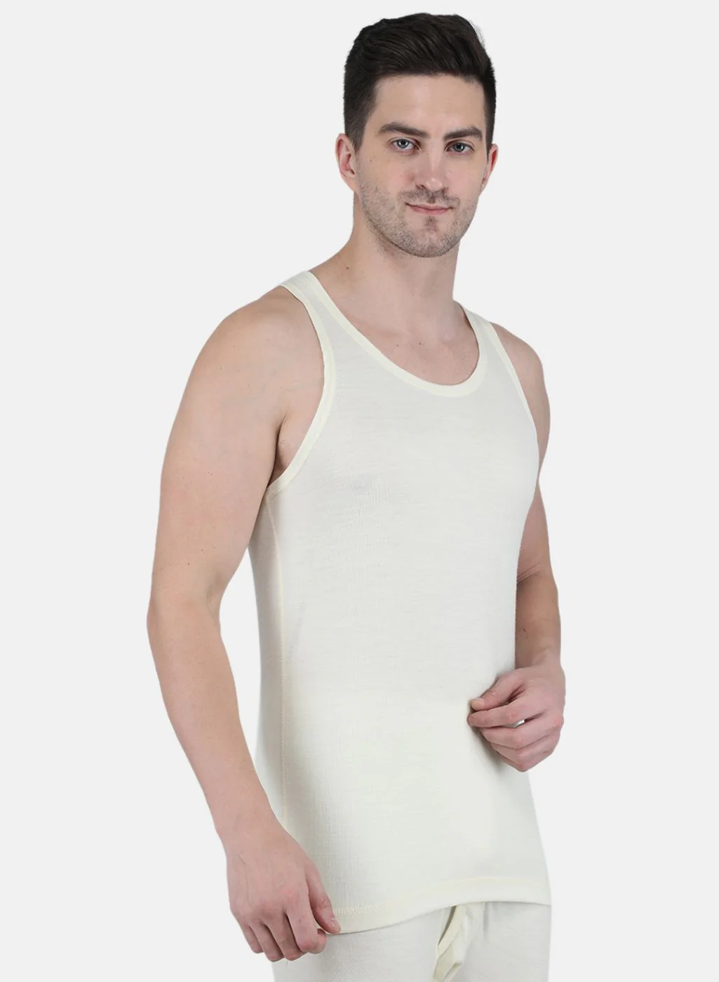 Men Cream Solid Thermal Vest - Image 6