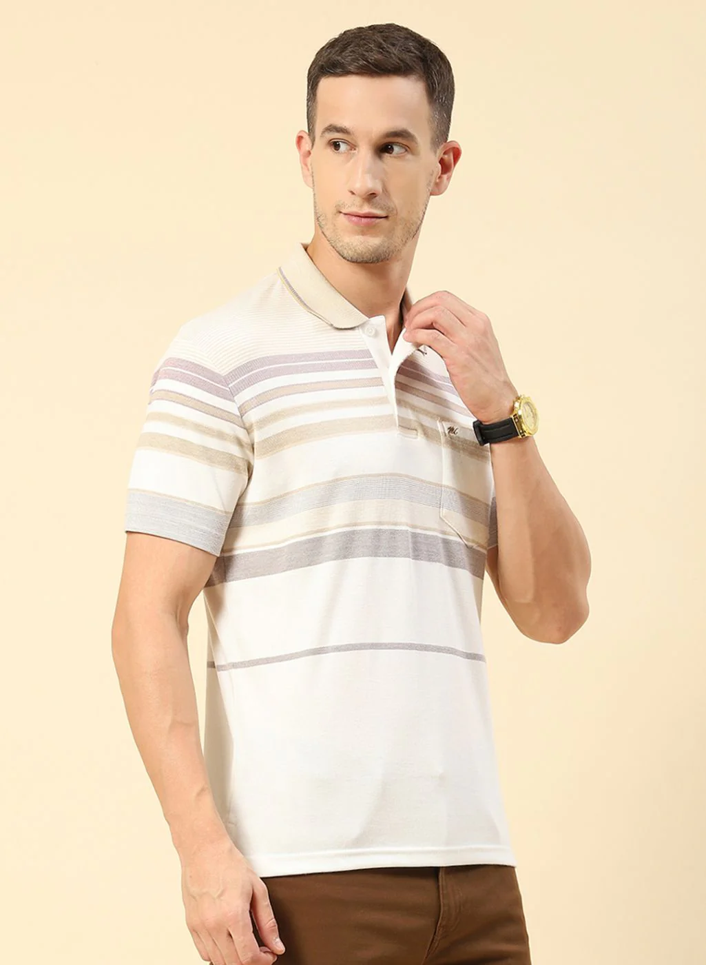 Men Cream Stripe T-Shirt - Image 3