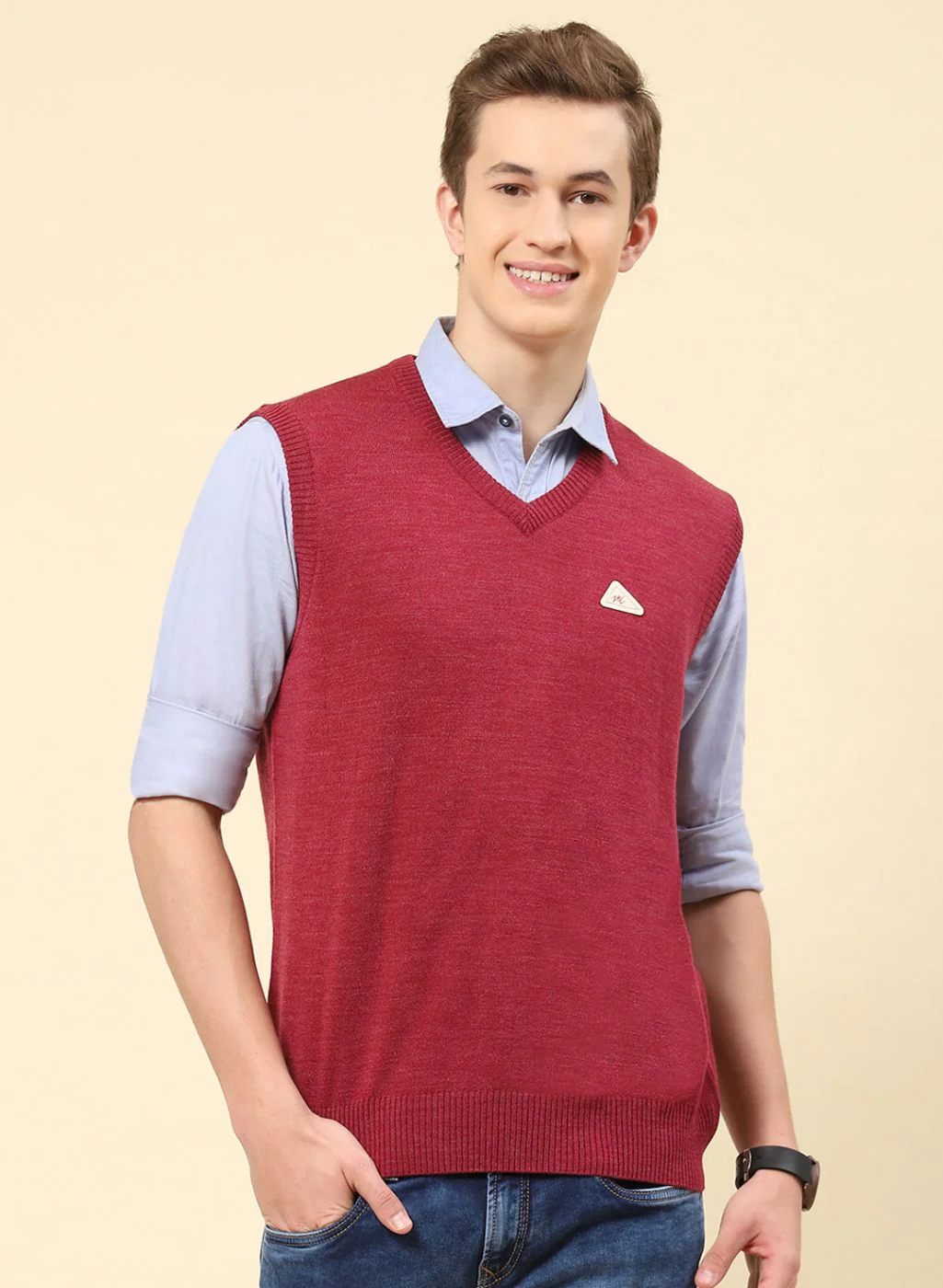 Men Dark Pink Solid Blend wool Sweater - Image 2