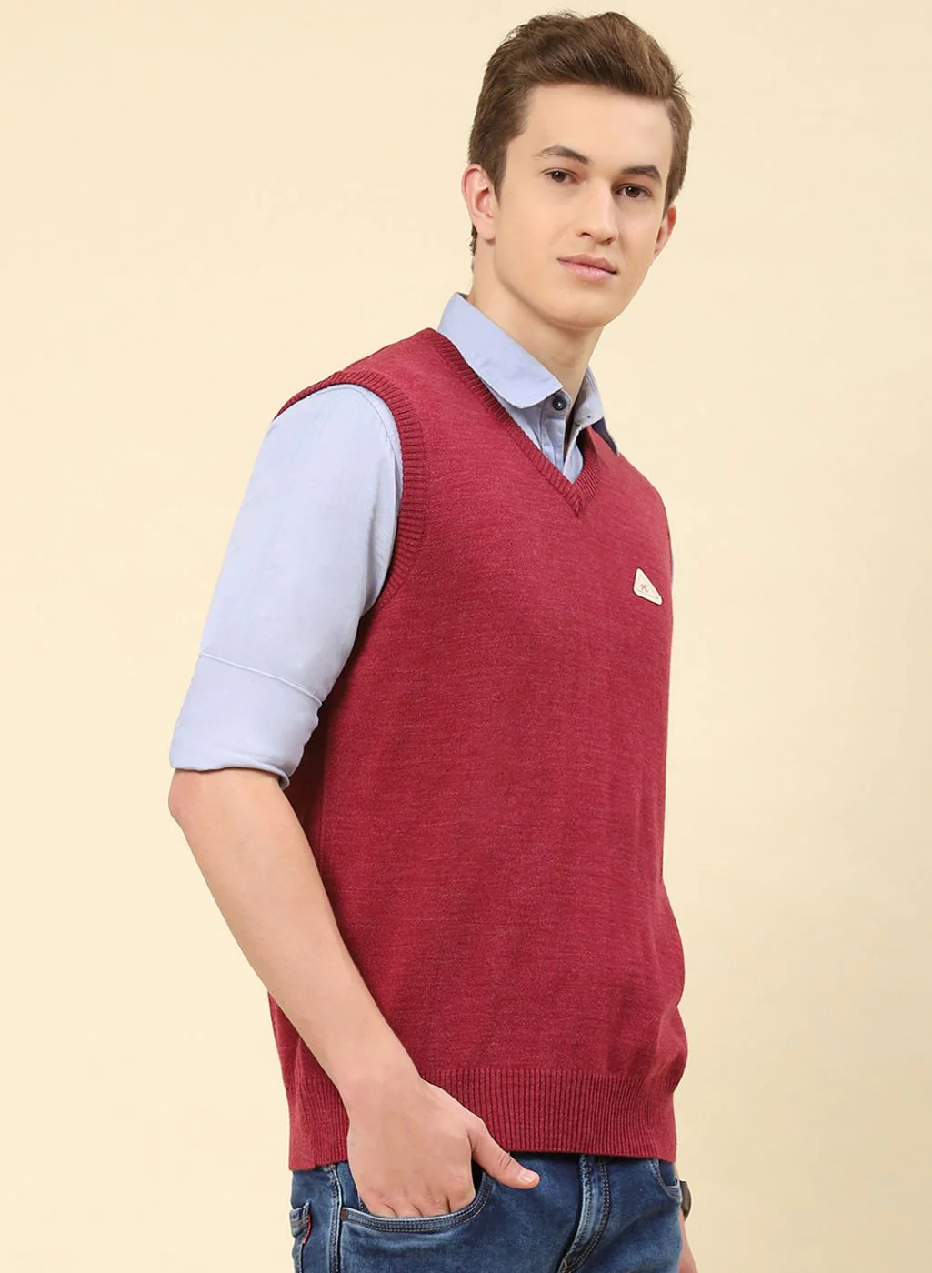 Men Dark Pink Solid Blend wool Sweater - Image 4