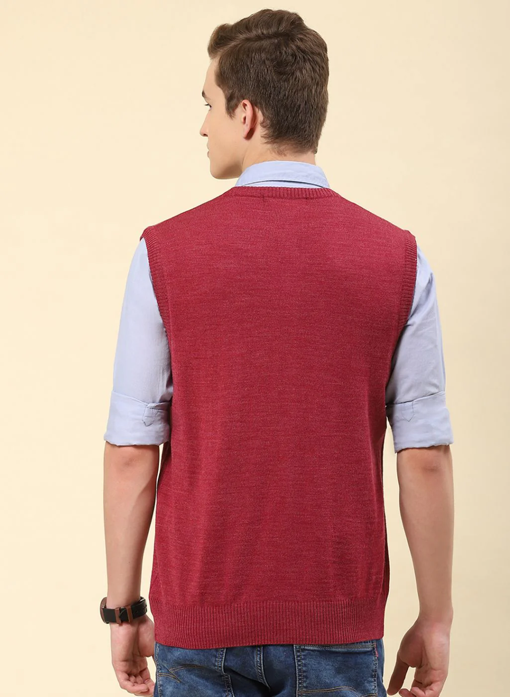 Men Dark Pink Solid Blend wool Sweater - Image 5