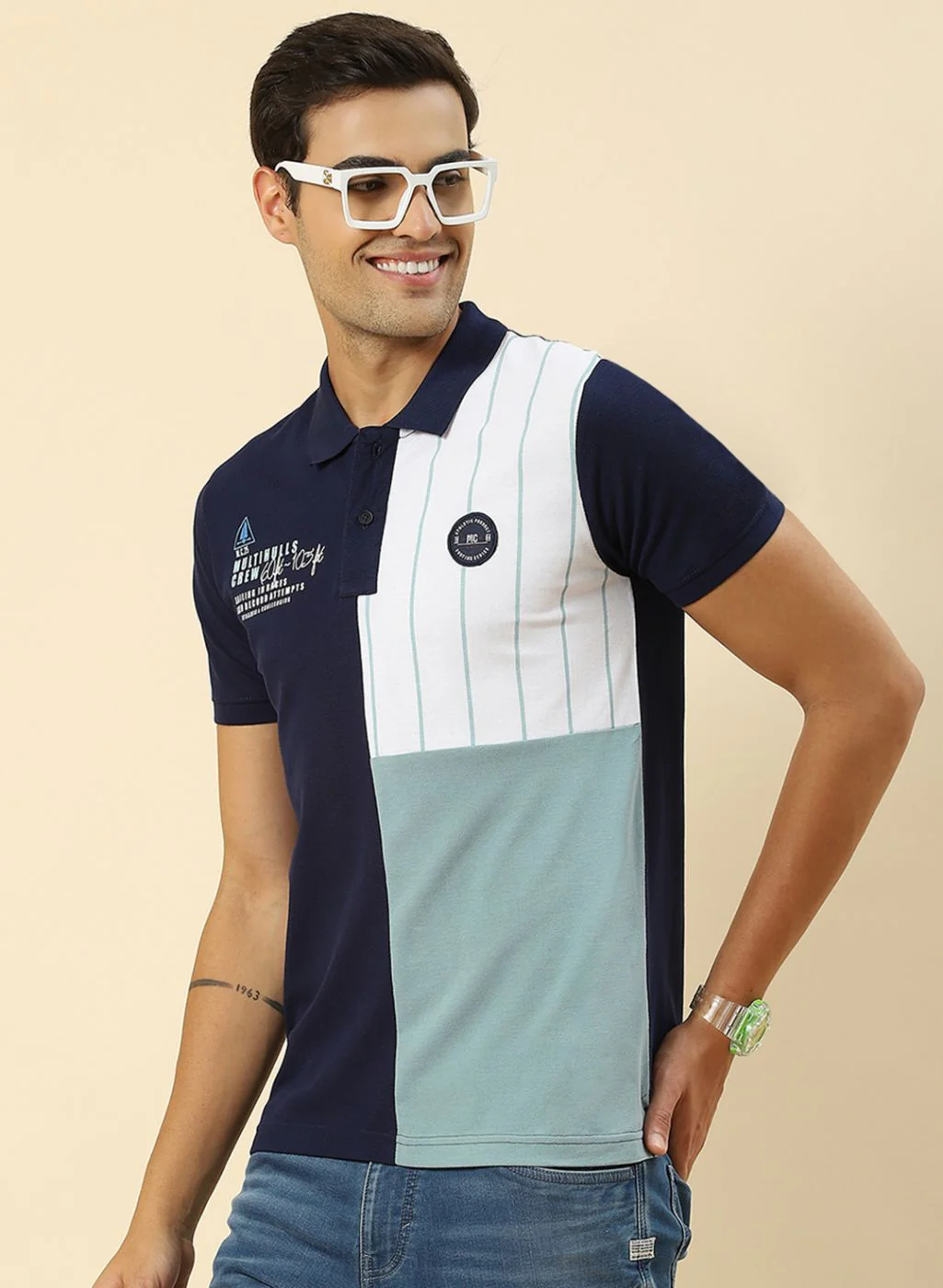 Men Blue Printed Collar Half Sleeve T-Shirt - Image 2