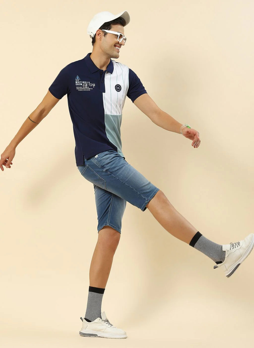 Men Blue Printed Collar Half Sleeve T-Shirt - Image 5