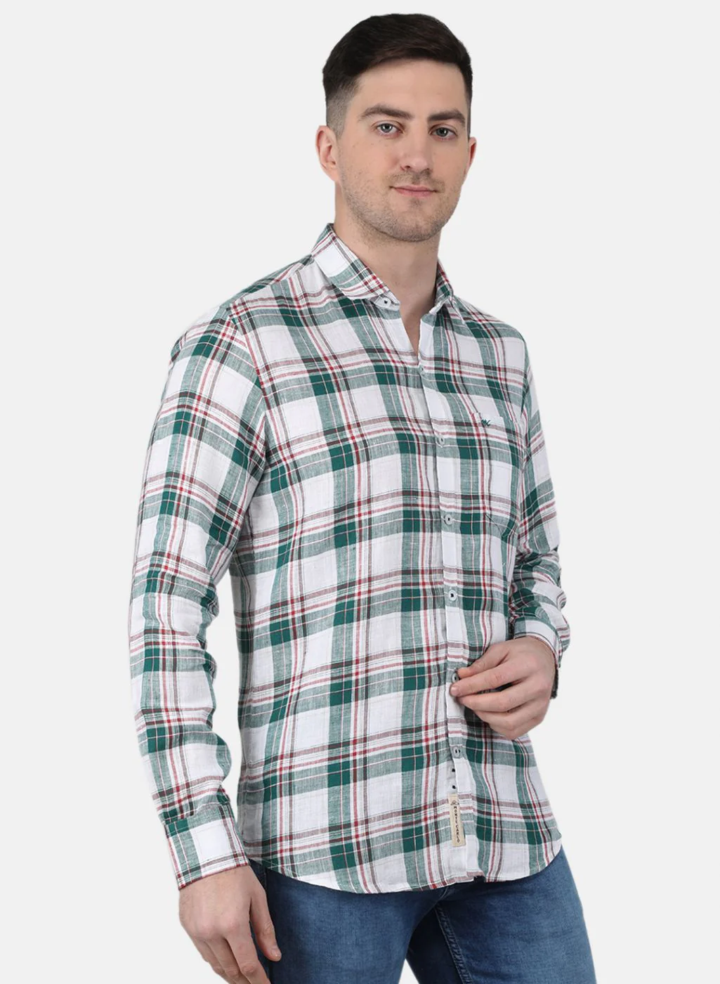 Men Green Check Linen Shirt - Image 6