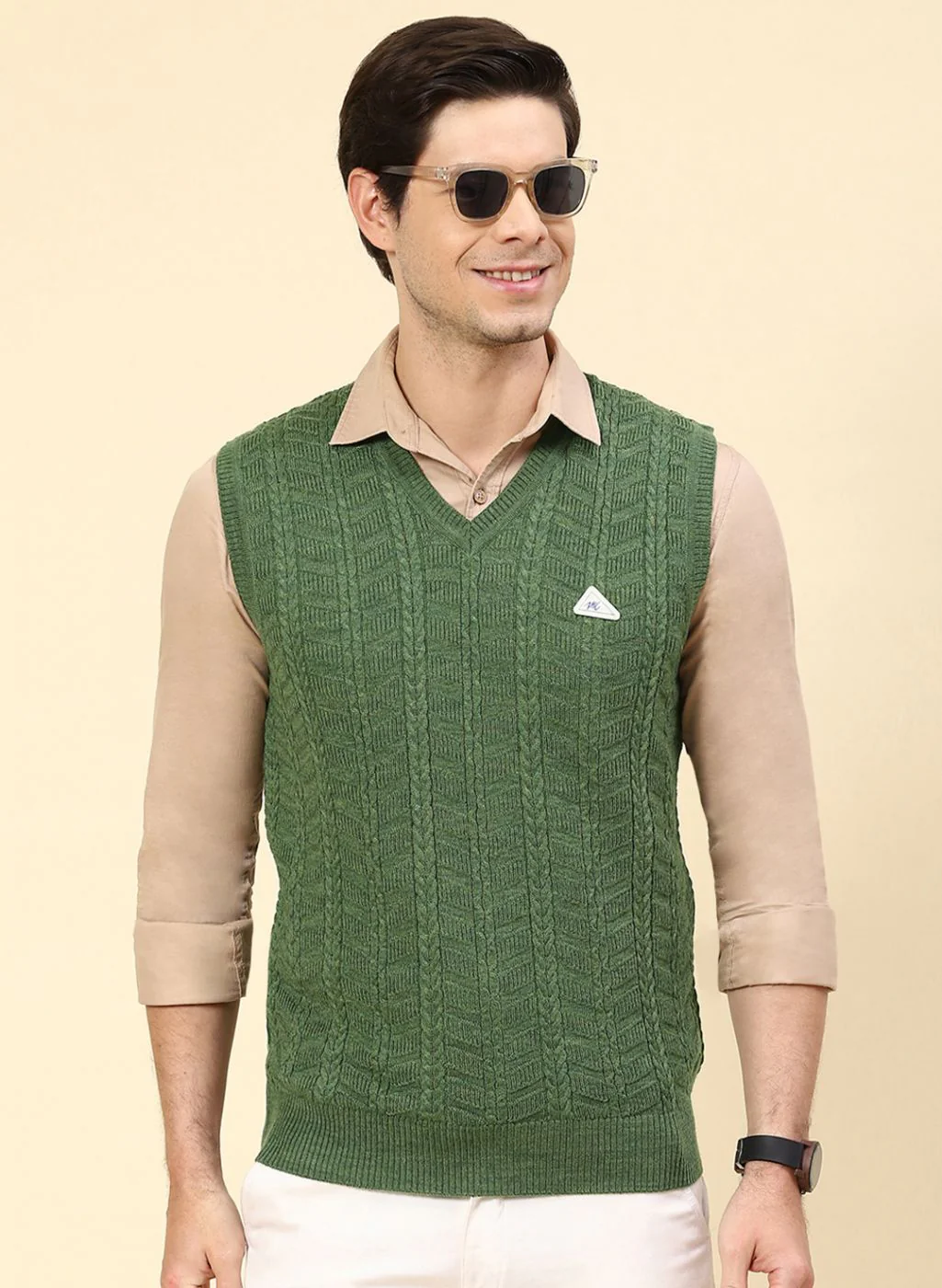 Men Green Self Design Wool blend Sweater - Image 2