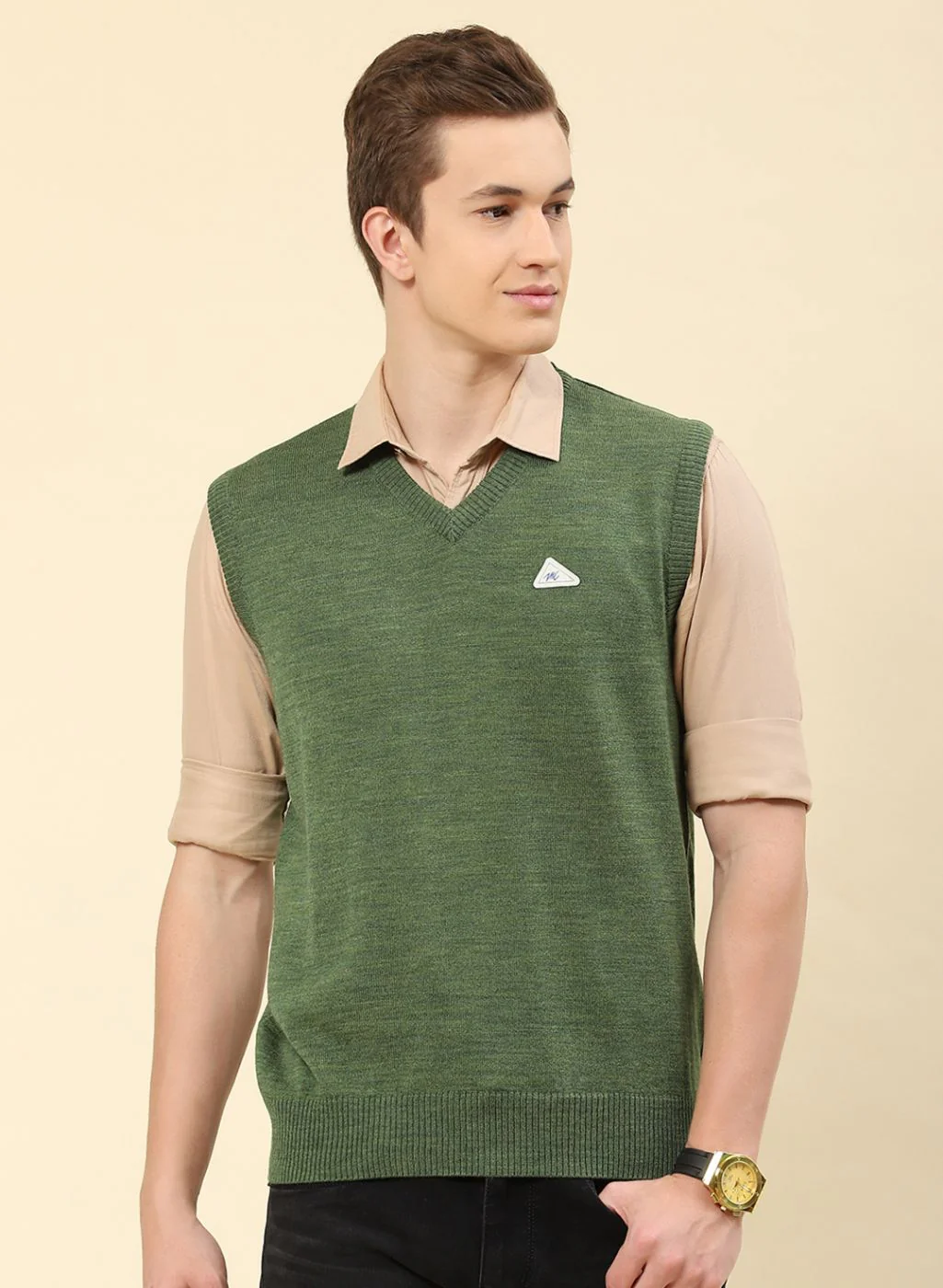Men Green Solid Blend wool Sweater - Image 2