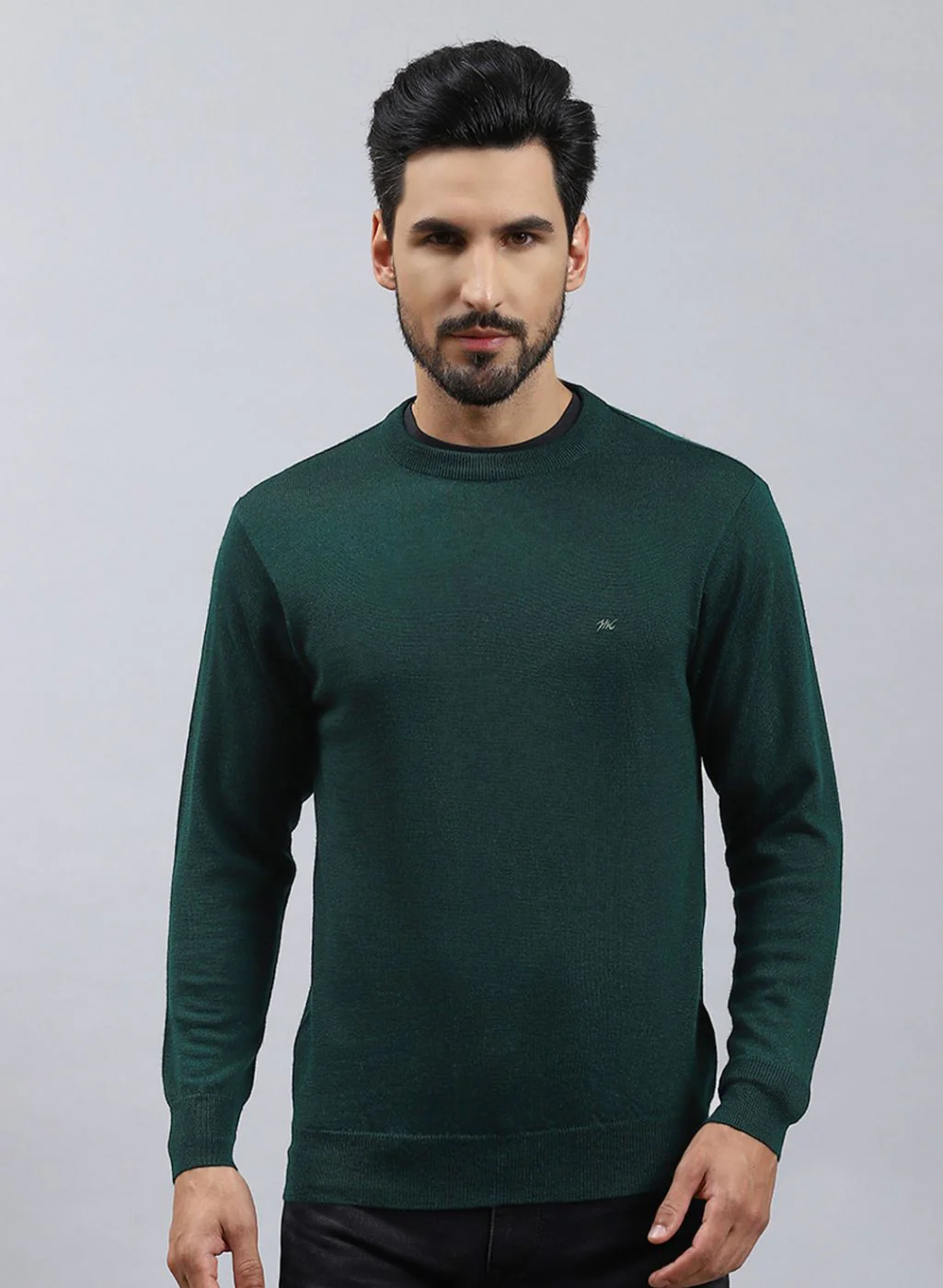 Men Green Solid Pure wool Pullover - Image 2