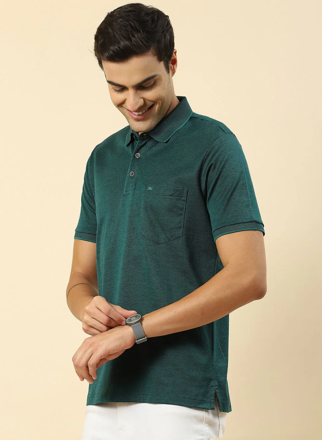 Men Green Solid T-Shirt - Image 2