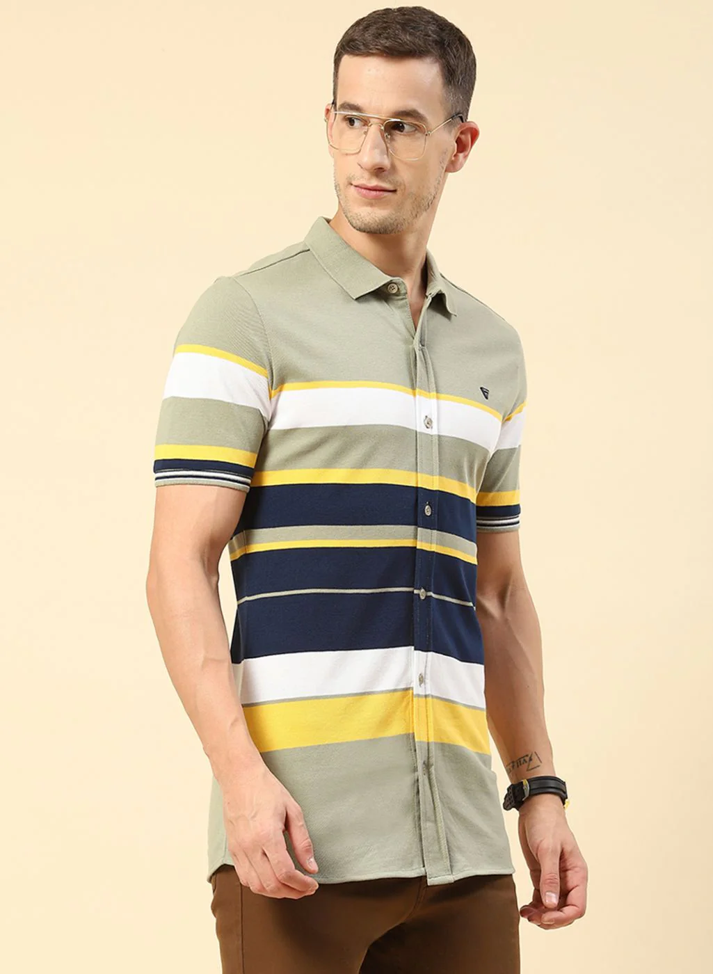 Men Green Stripe Knitted Shirt - Image 3