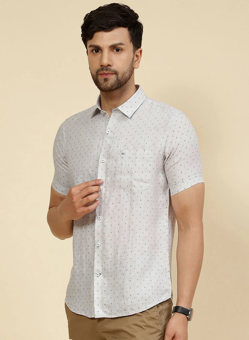 Men Grey Printed Linen Shirt - Image 3
