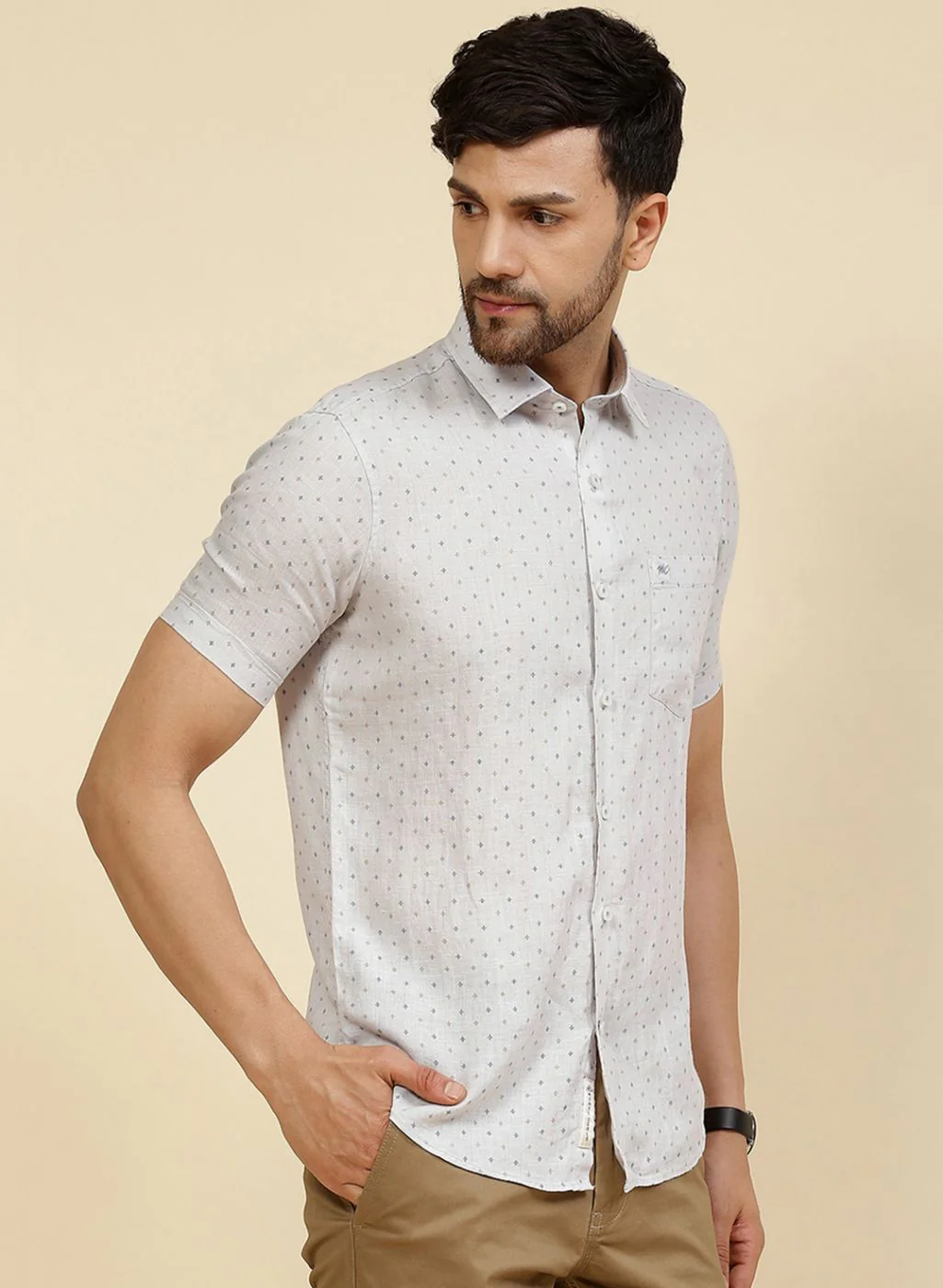 Men Grey Printed Linen Shirt - Image 4