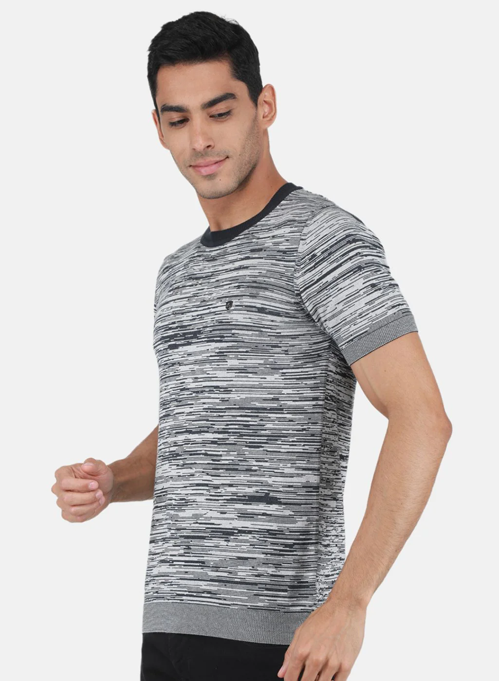 Men Grey Self Design T-Shirt - Image 2
