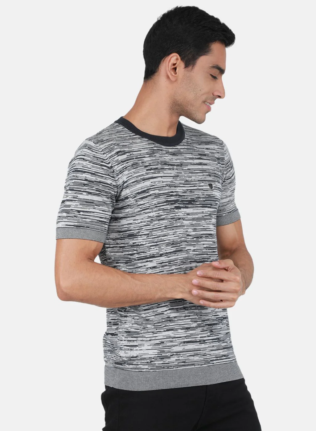 Men Grey Self Design T-Shirt - Image 6