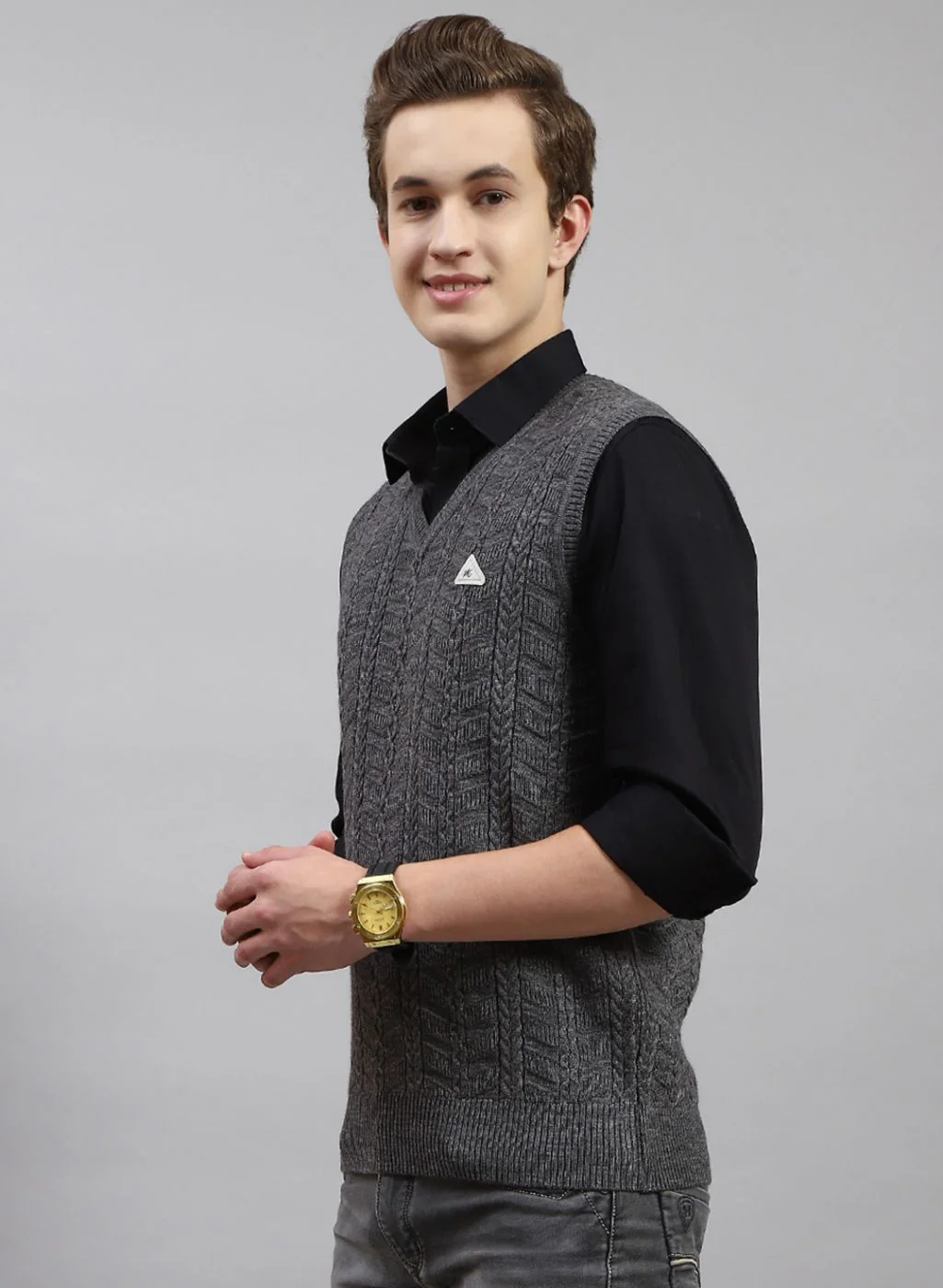 Men Grey Self Design Wool blend Sweater - Image 3