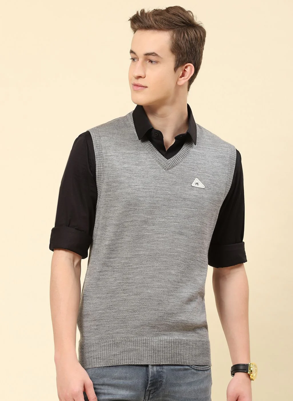 Men Grey Solid Blend wool Sweater - Image 2