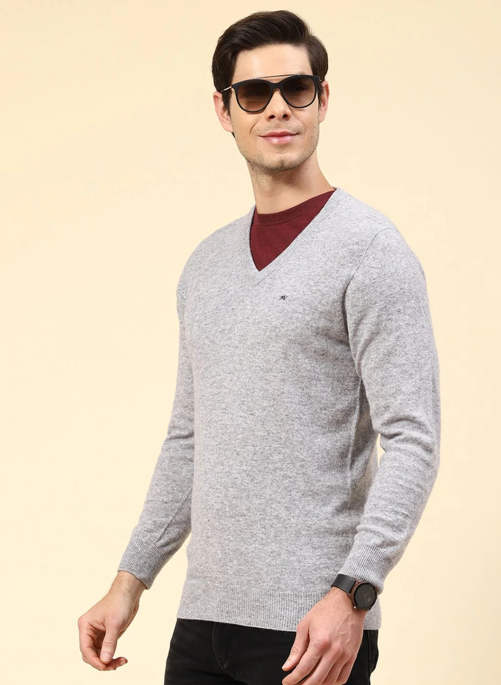 Men Grey Solid Lamb wool Pullover - Image 3
